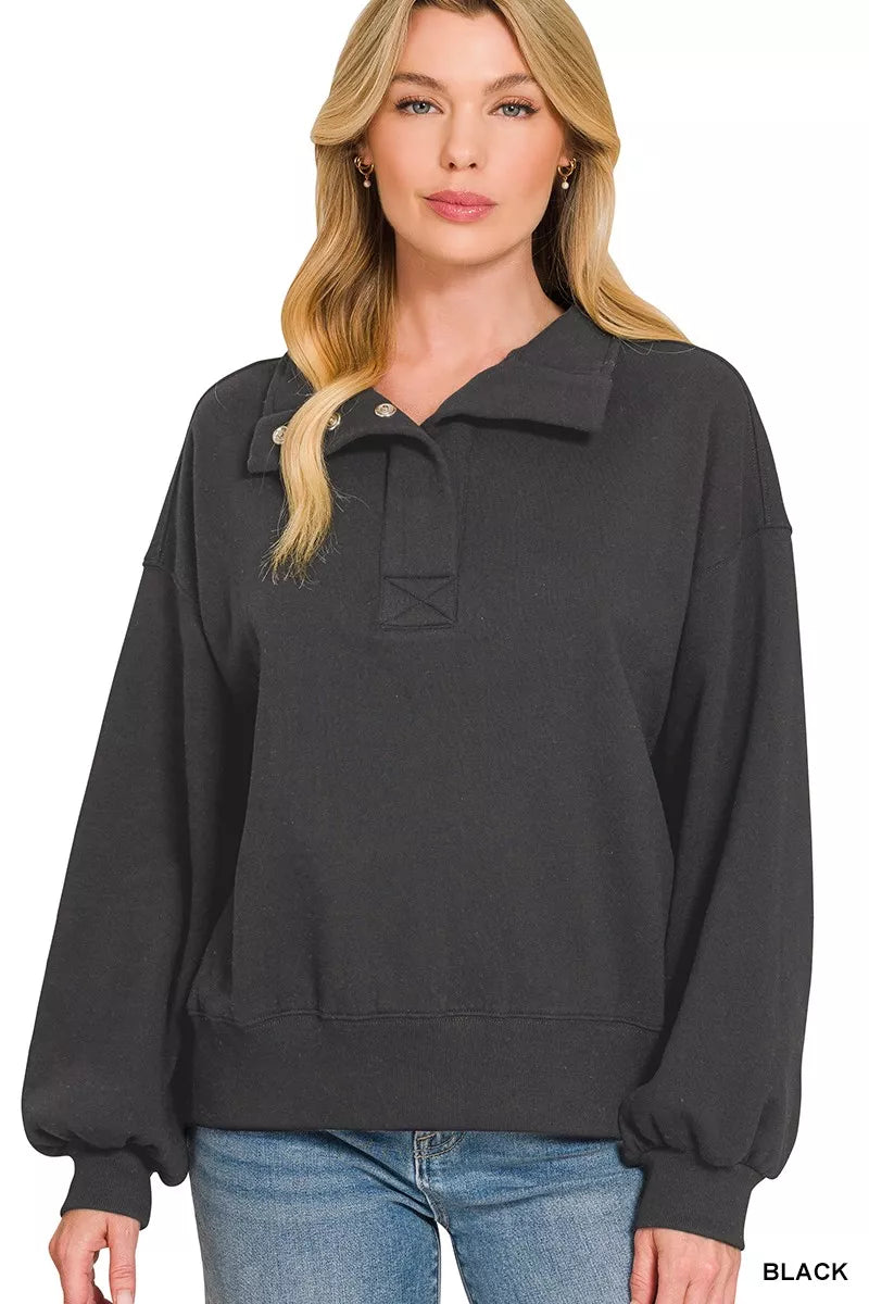 Zenana Fleece Half Snap Button Sweatshirt