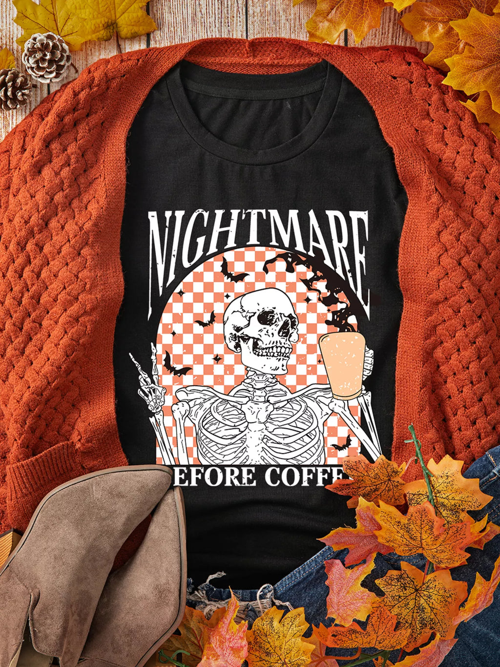 Halloween Skull Checkerboard Graphic Round Neck T-Shirt