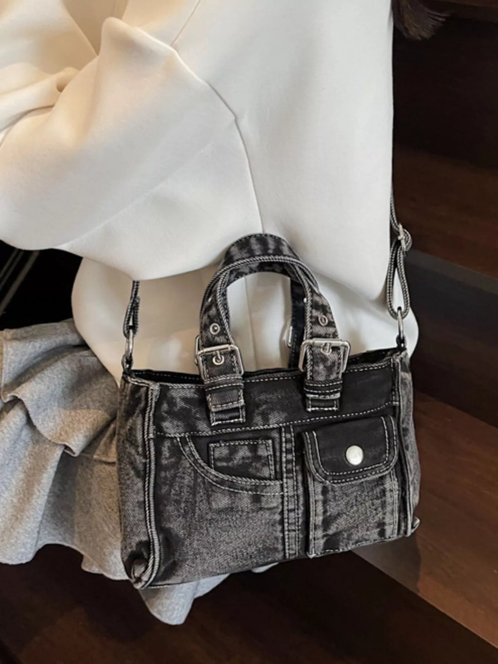 Vintage Washed Denim Crossbody Bag