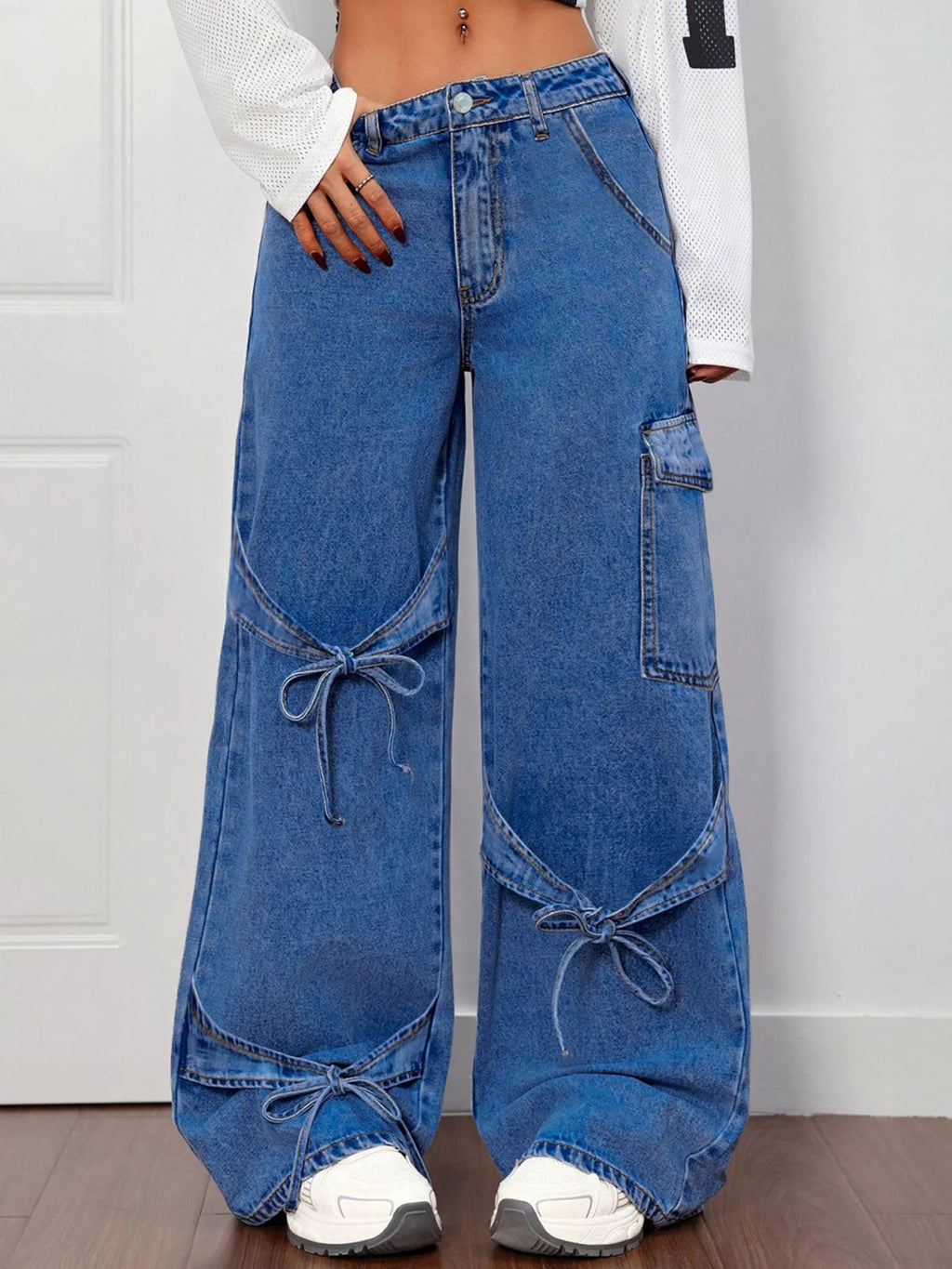 Wide Leg Jeans with Bow Tie Accents