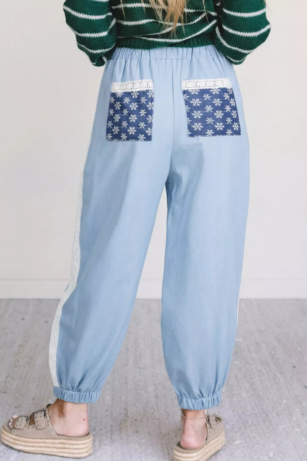 Lace Accent Floral Patched Pocket Pleated Wide Leg Slouchy Pants