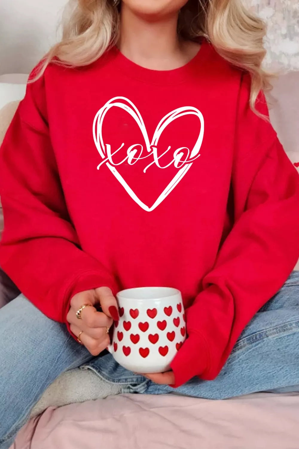 XOXO Valentines Heart Sketch Printed Pullover Sweatshirt