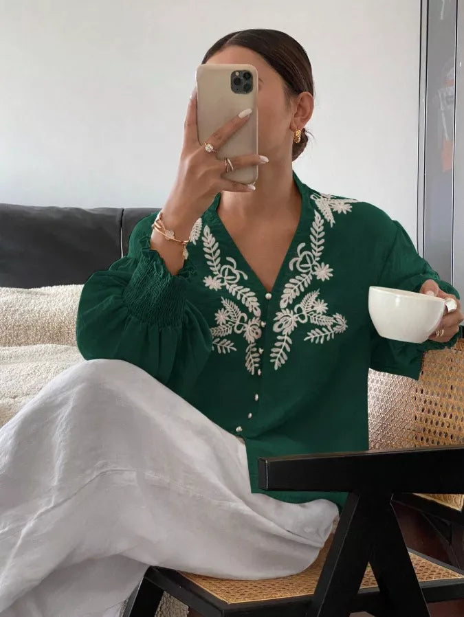 Embroidered Notched Long Sleeve Blouse