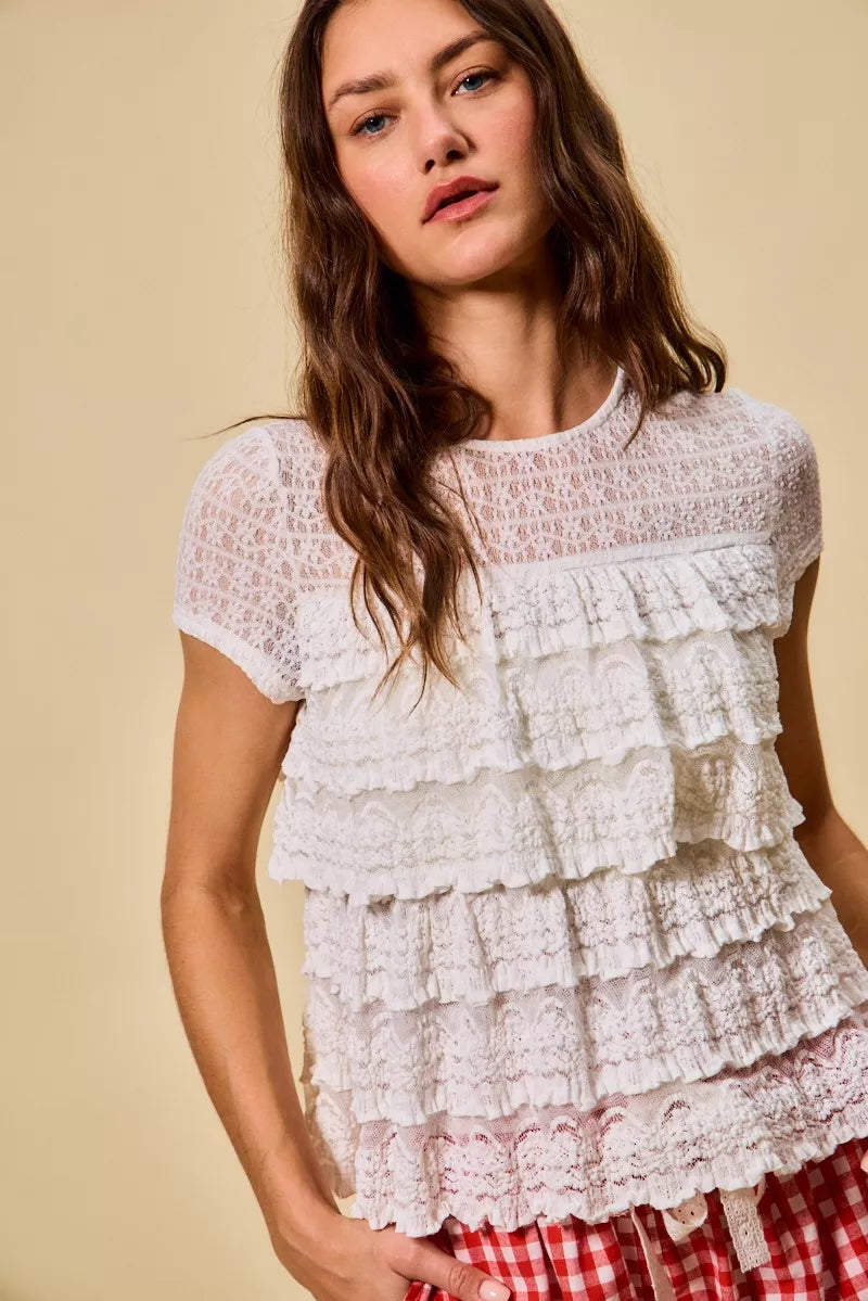 SO ME Ruffle Tiered Stretch Lace Short Sleeves Knit Top