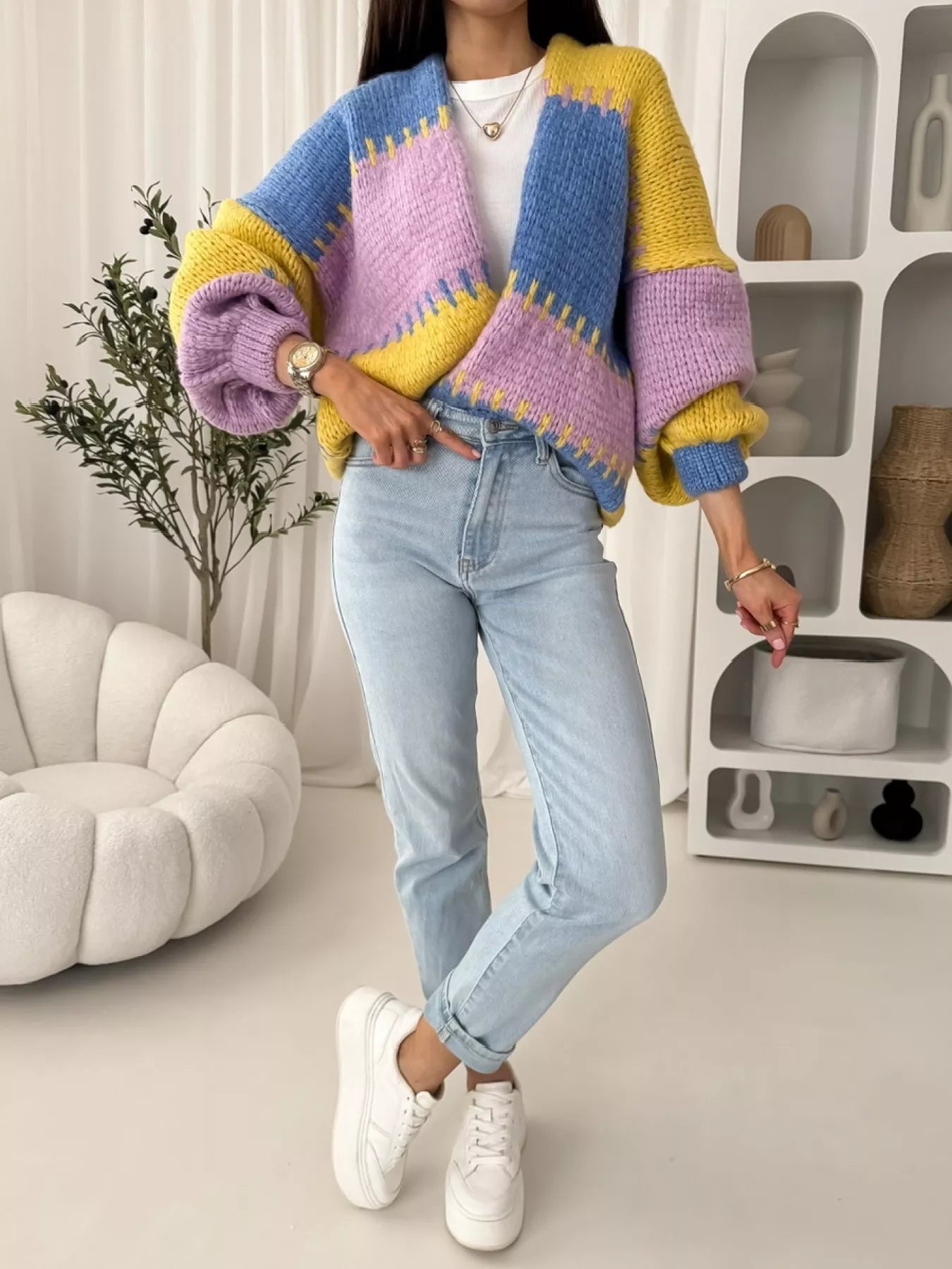 Color Block Open Front Cardigan