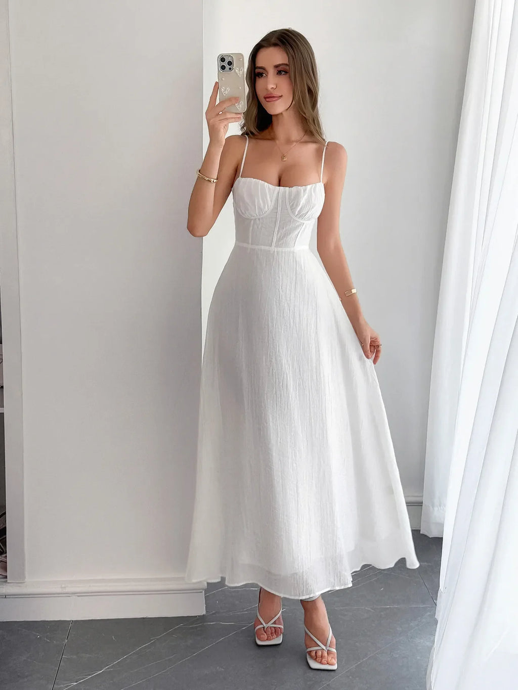 Texture Sweetheart Neck Backless Cami Dress