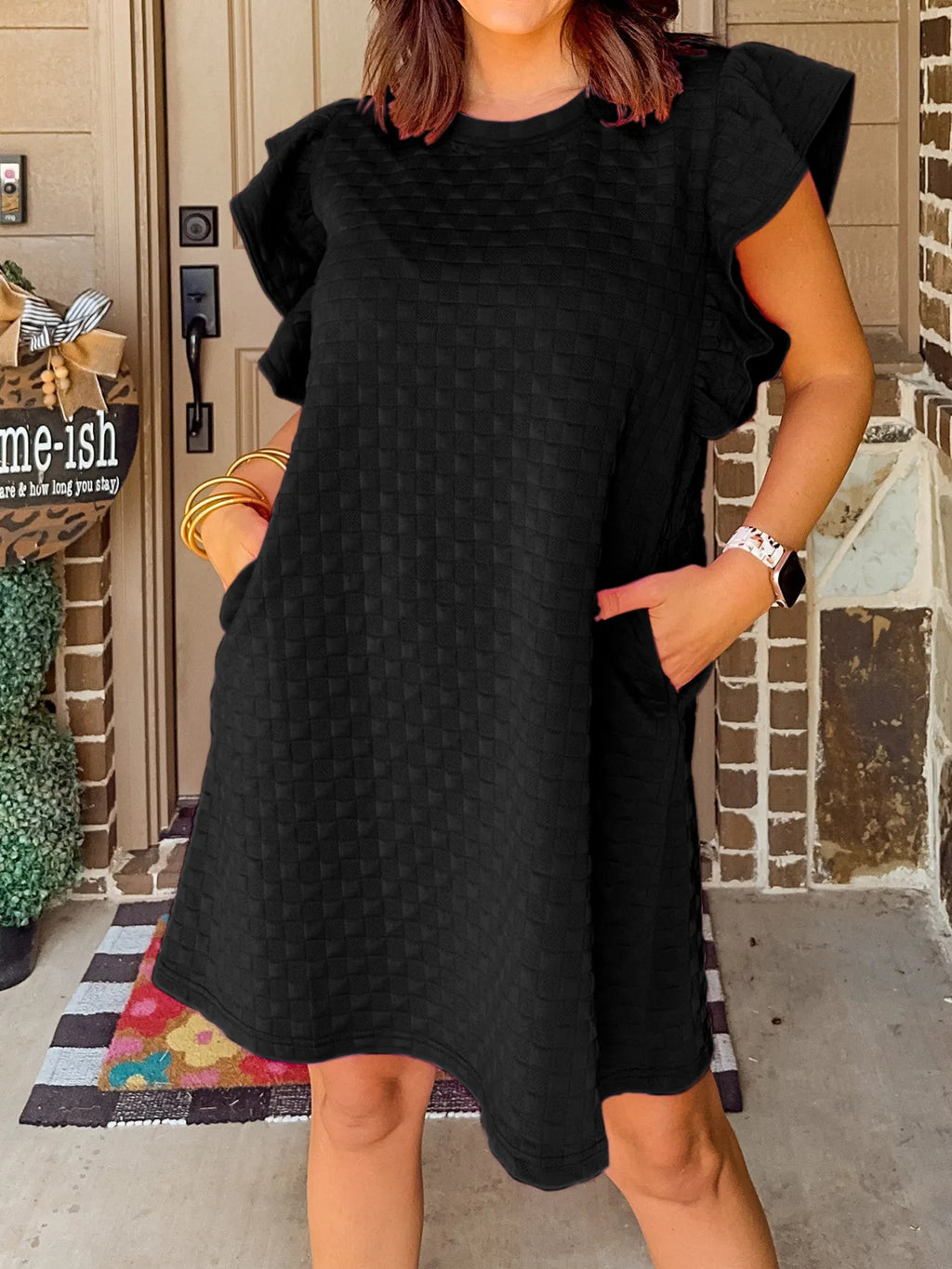 Textured Ruffle Sleeve Casual Summer Dress
