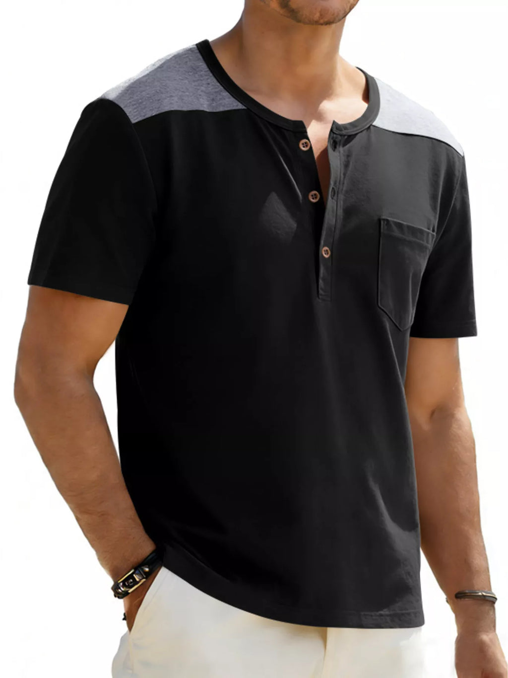 Men's Full Size Casual Henley T-Shirt with Pocket Plus Size