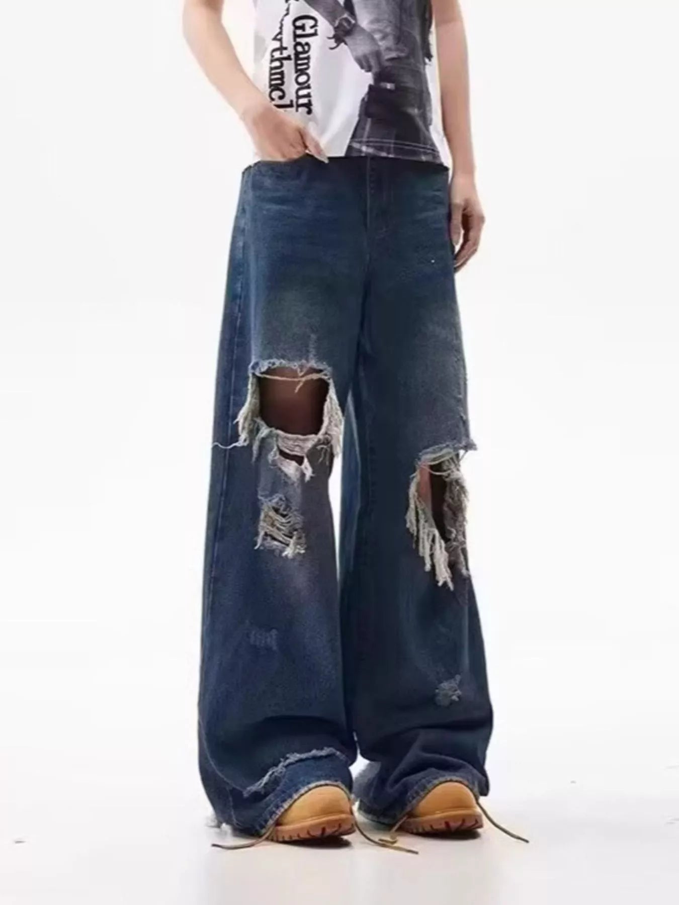 Men's Full Size Distressed Wide Leg Jeans Plus Size