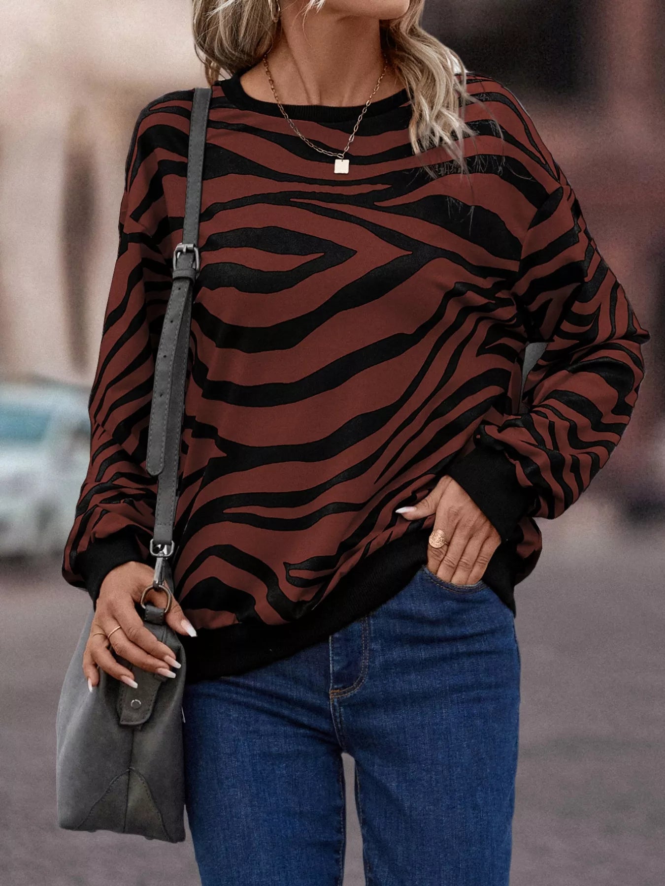 Zebra Print Round Neck Casual Sweatshirt