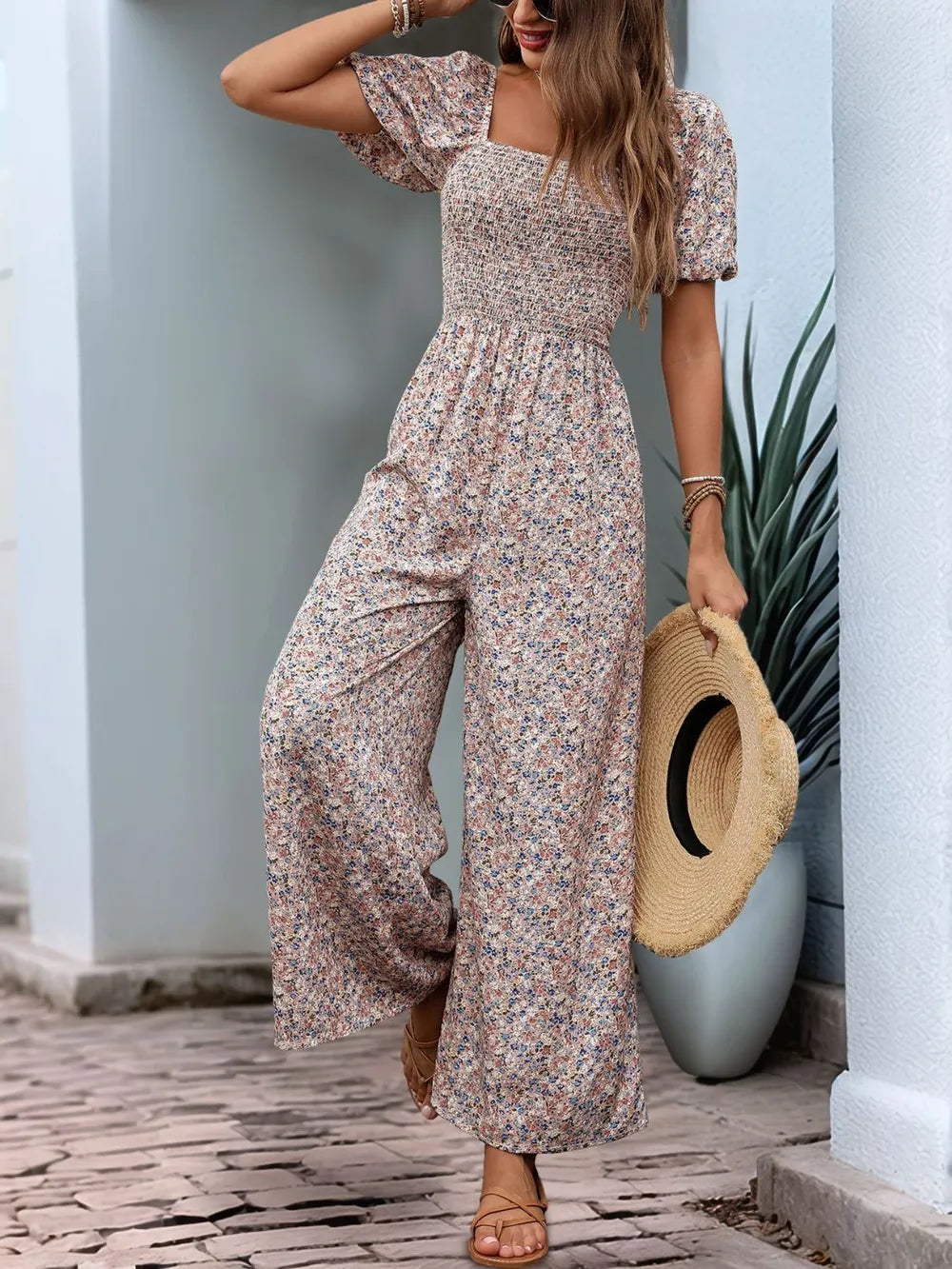 Perfee Ditsy Floral Smocked Square Neck Puff Sleeve Jumpsuit