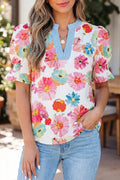 Floral Print Short Puff Sleeve Striped Trim V Neck Blouse