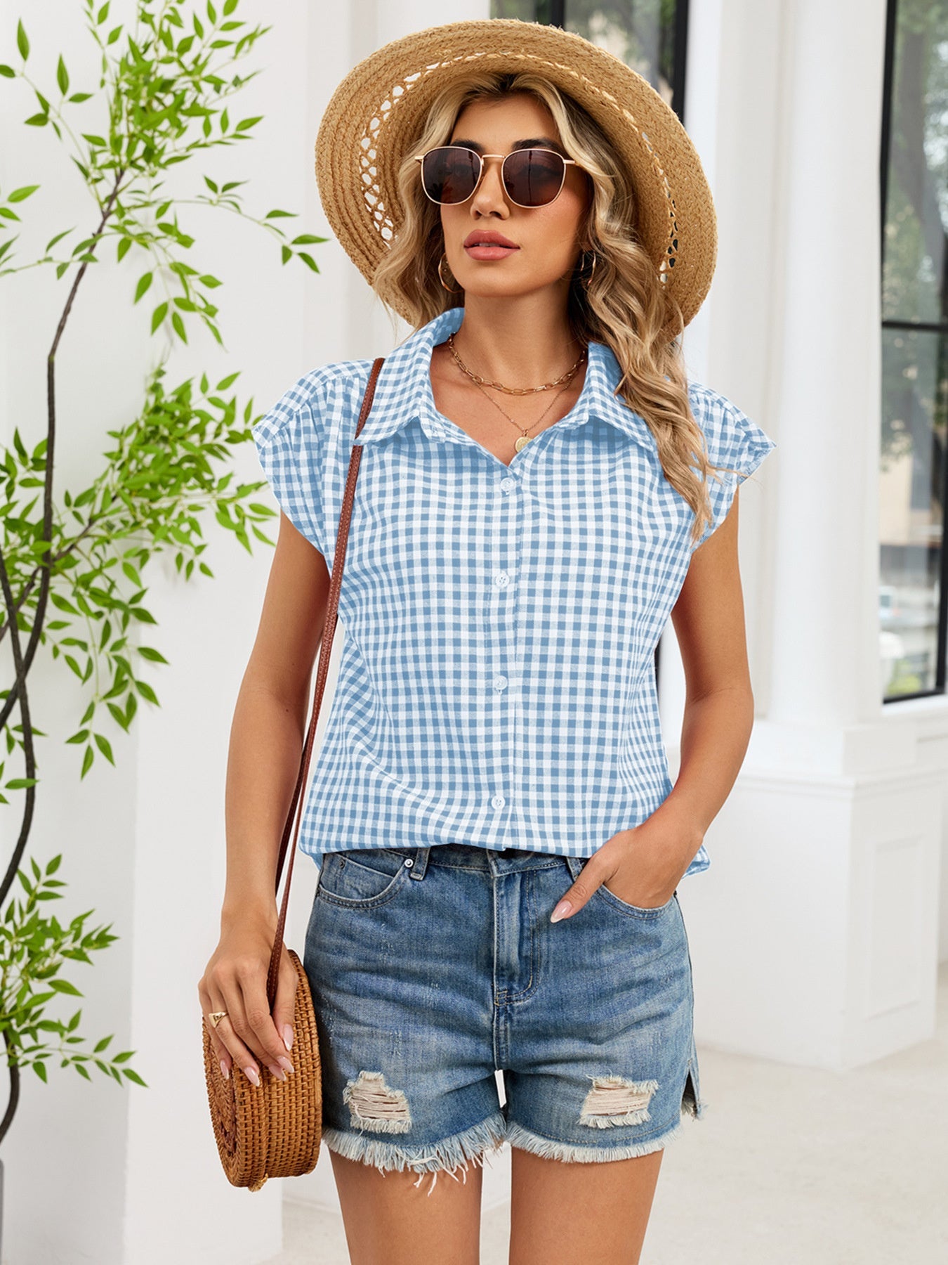 Plaid Button Up Cap Sleeve Shirt