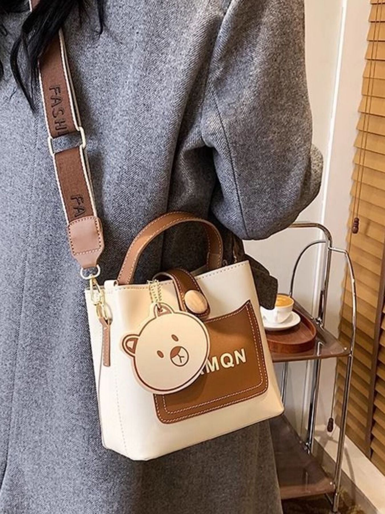 Bear Charm Bucket Crossbody Bag