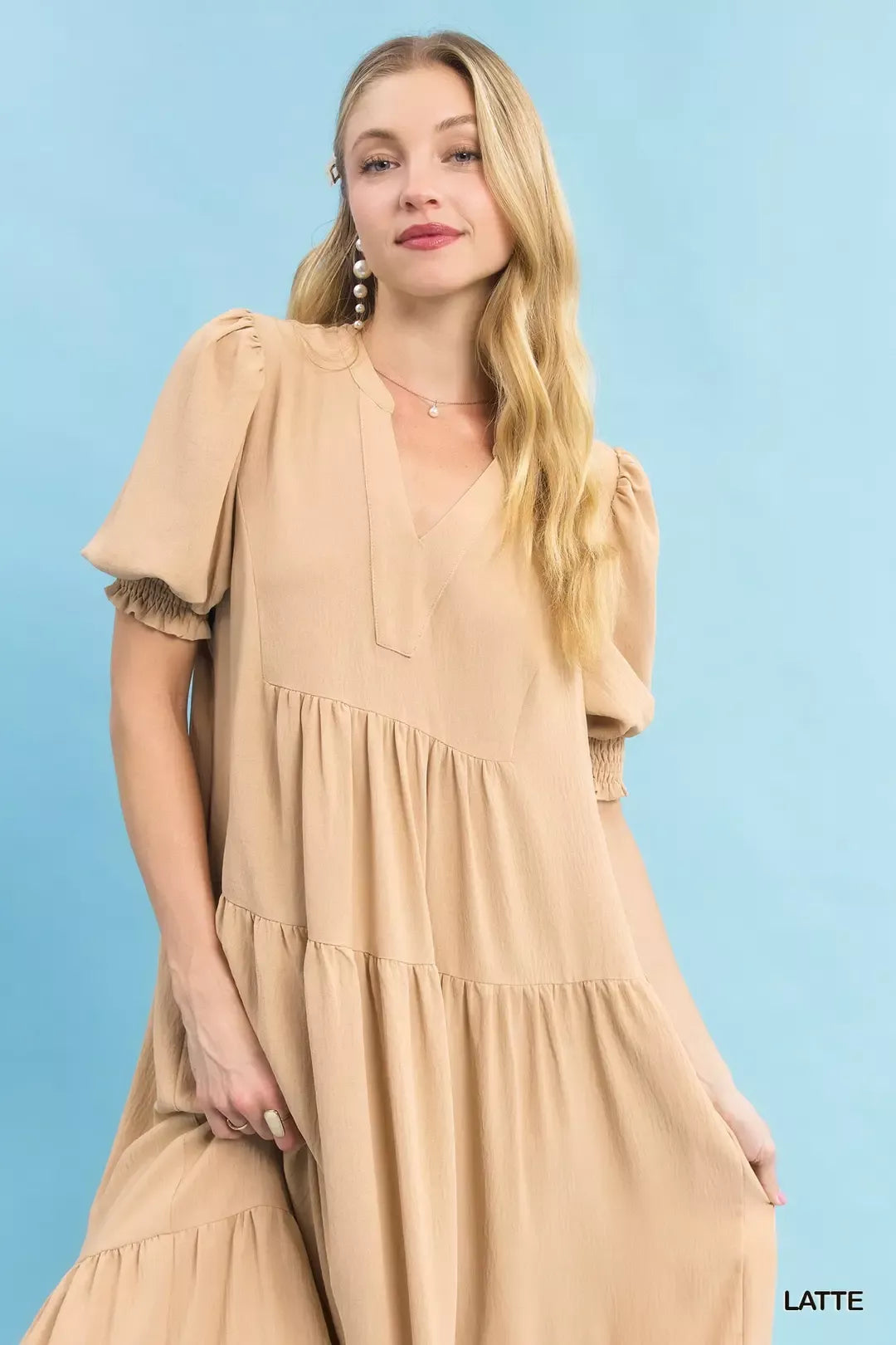 Umgee V-Neck Puff Sleeve Tiered Midi Dress