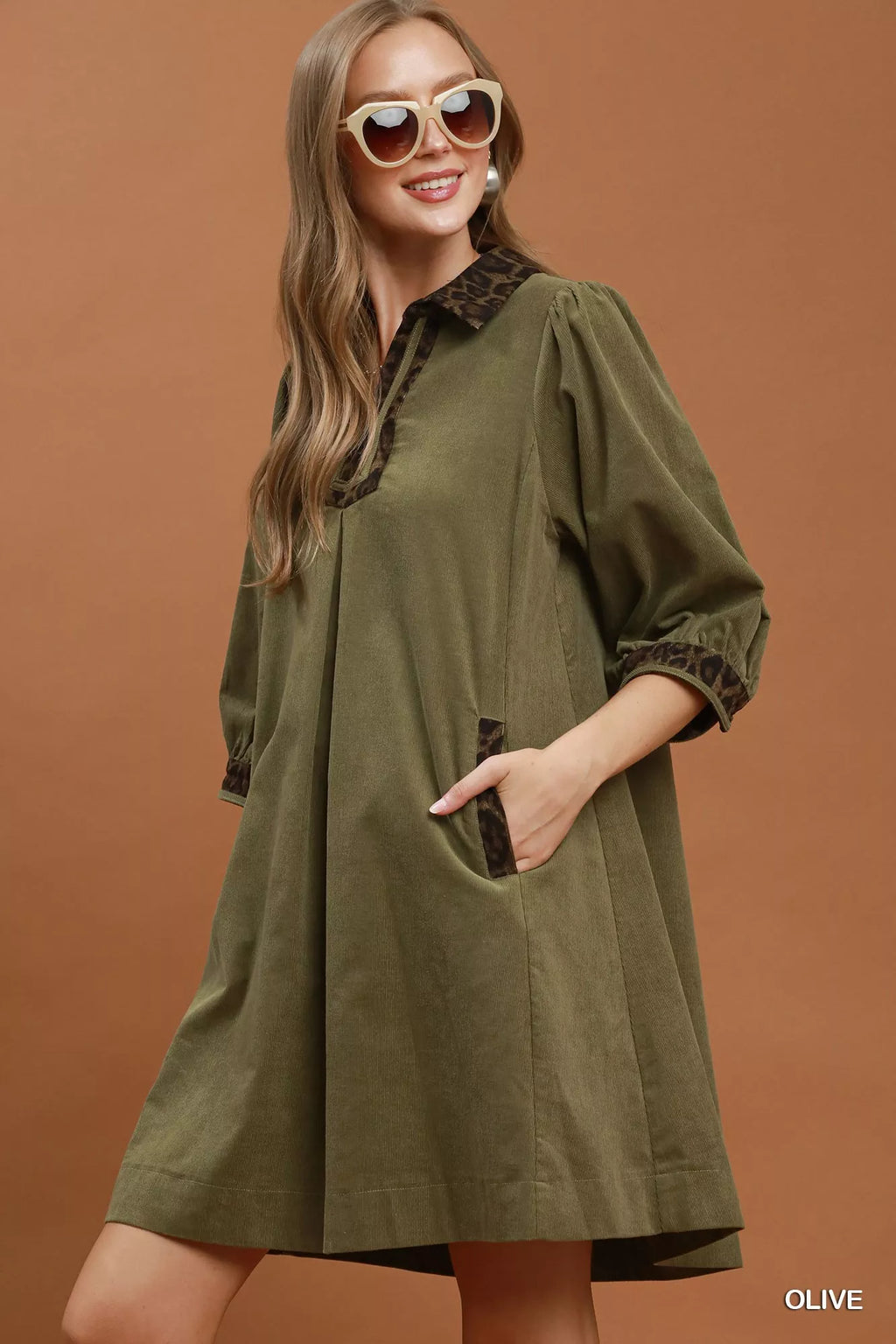 Umgee V-Neck Shift Dress with Contrast Trim