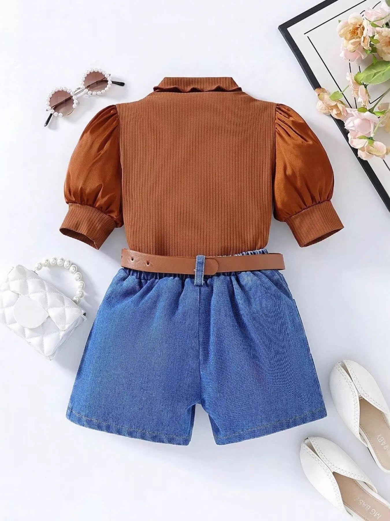Children's Puff Sleeve Top and Denim Shorts Set