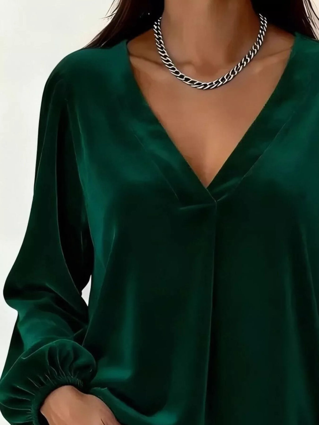 Full Size Velvet V-Neck Balloon Sleeve Blouse Plus Size