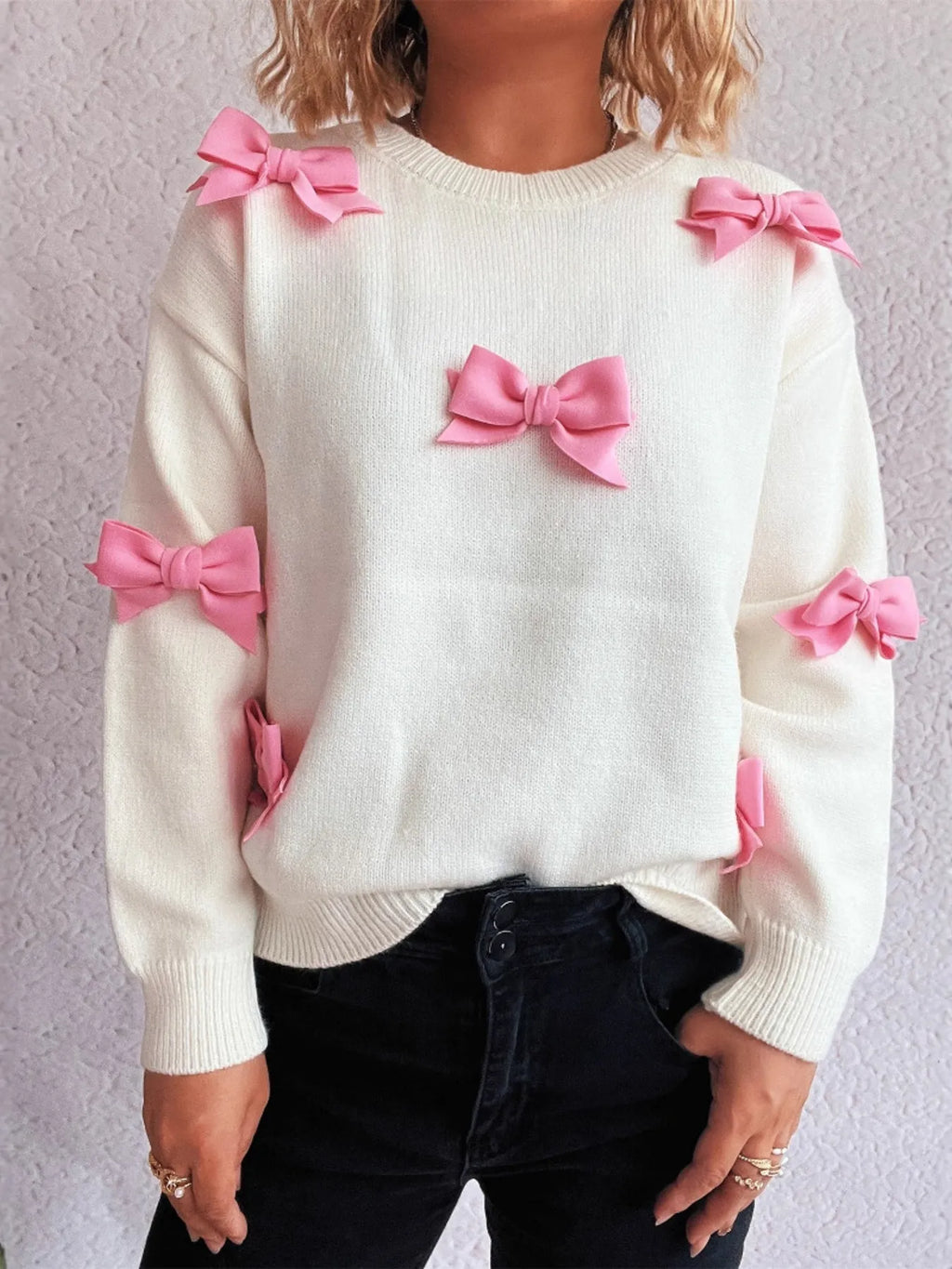 Bow Round Neck Long Sleeve Sweater