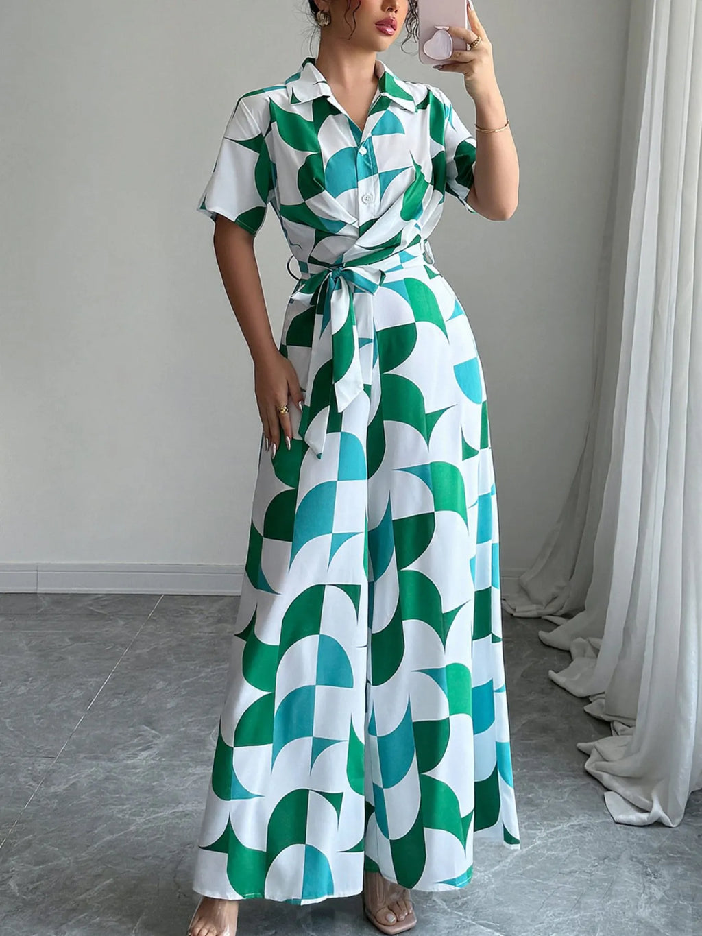 Printed Wide Leg Belted Jumpsuit
