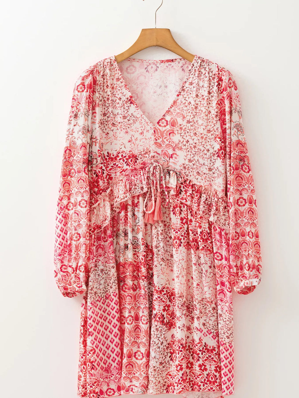 loral Print Tassel Tie Long Sleeve Flowy Mini Dress