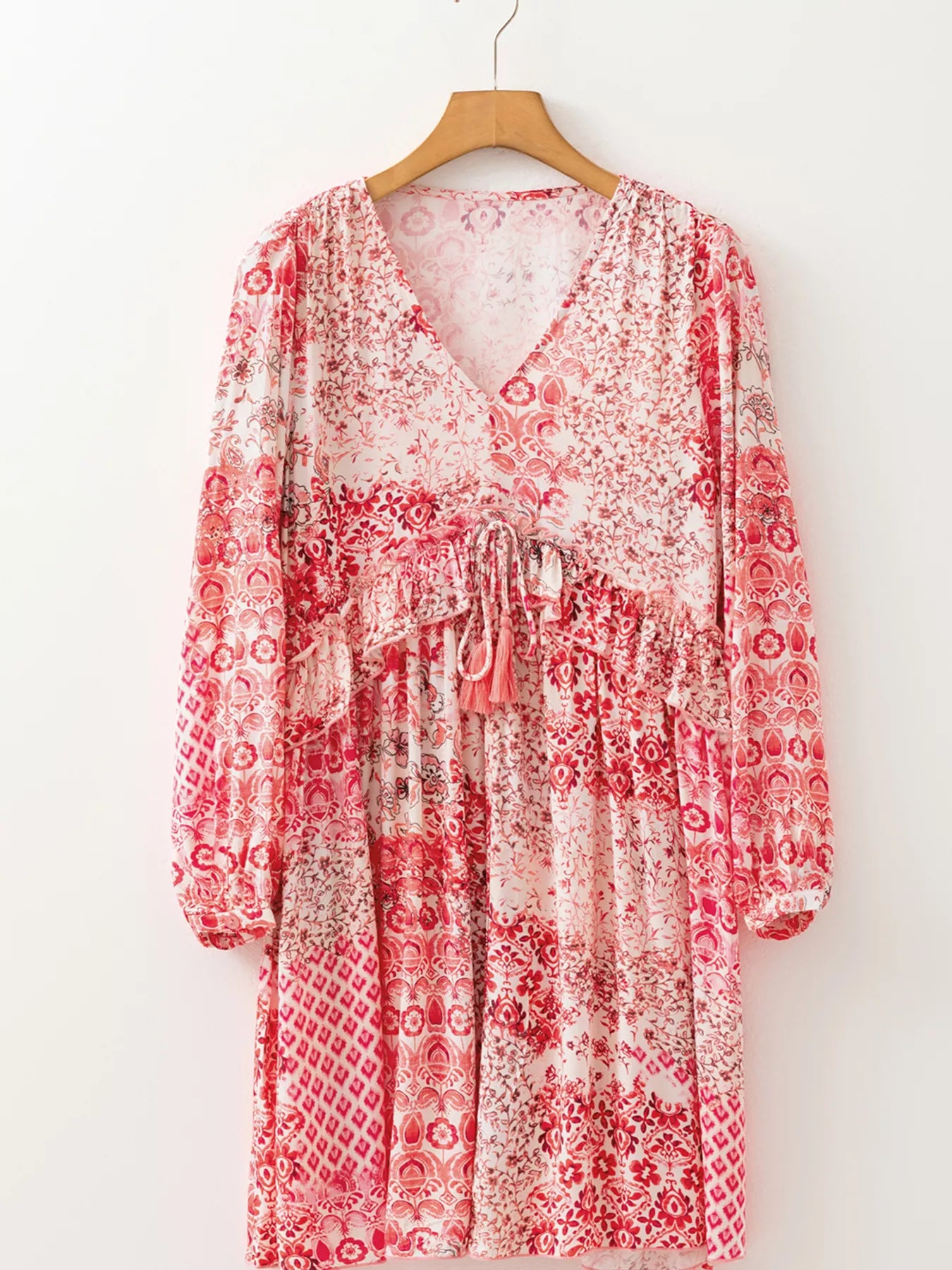 loral Print Tassel Tie Long Sleeve Flowy Mini Dress