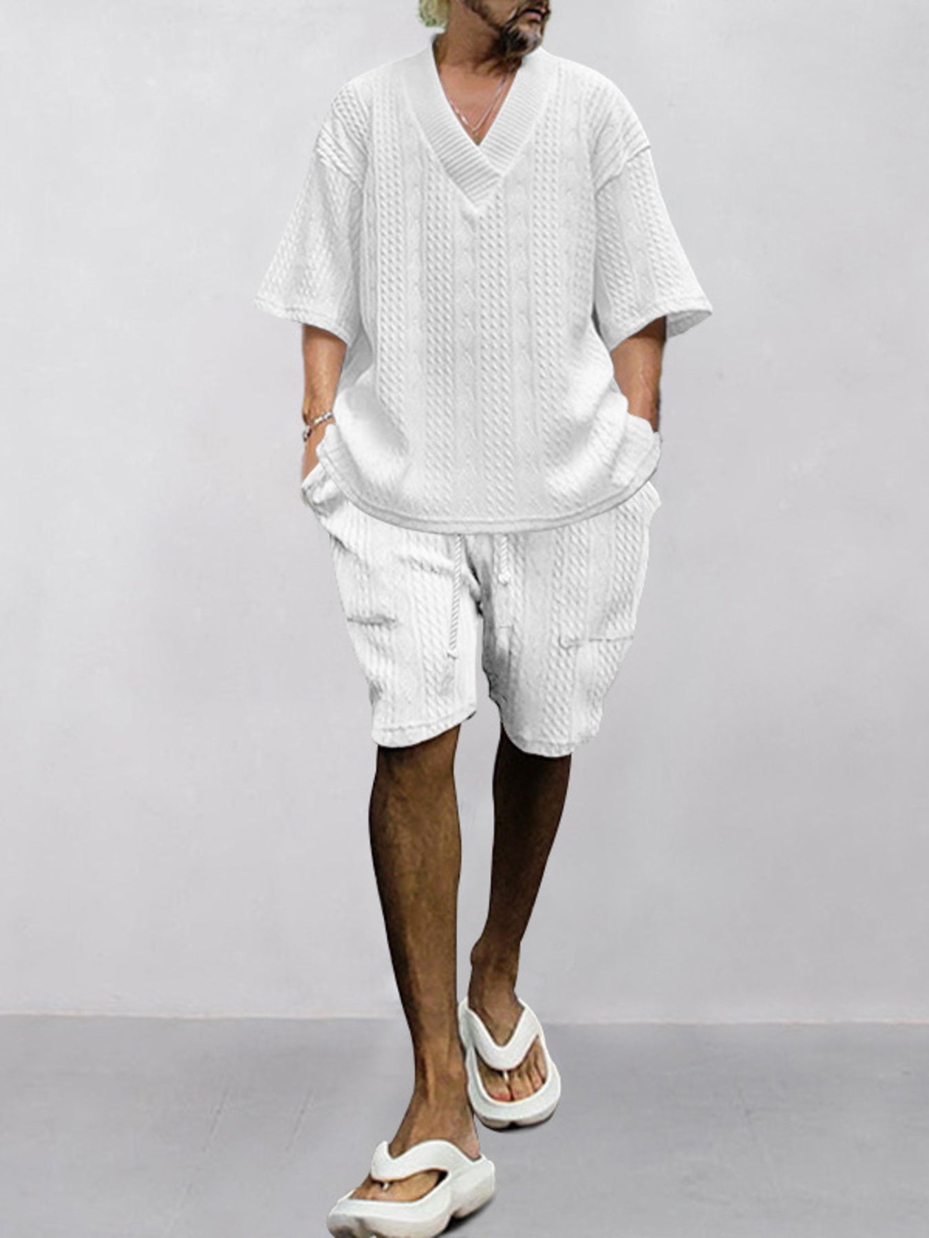 Men's Full Size Casual Knit V-Neck Short Sleeve Top and Shorts Set Plus Size