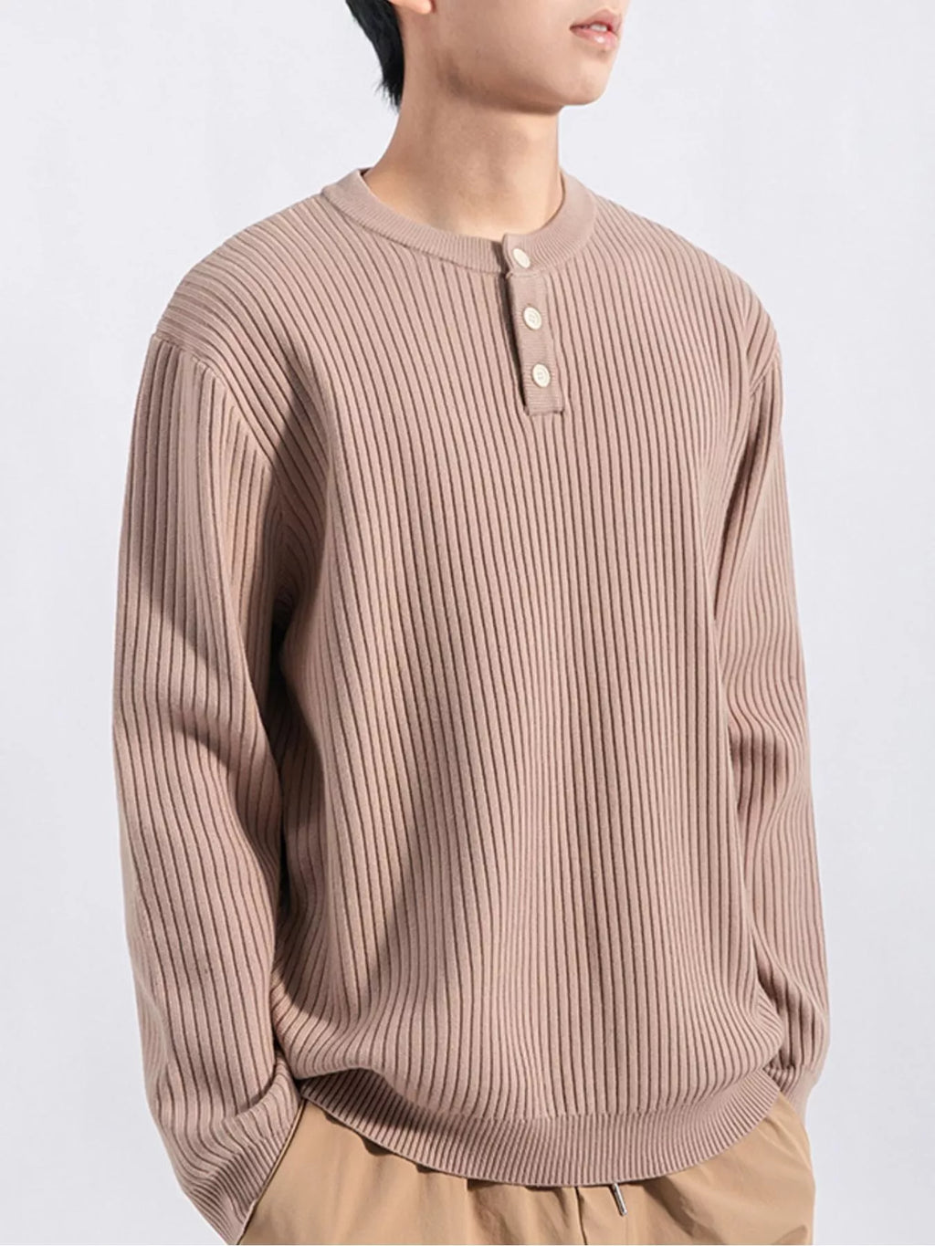 Men's Plus Size Ribbed Button Detail Knit Top