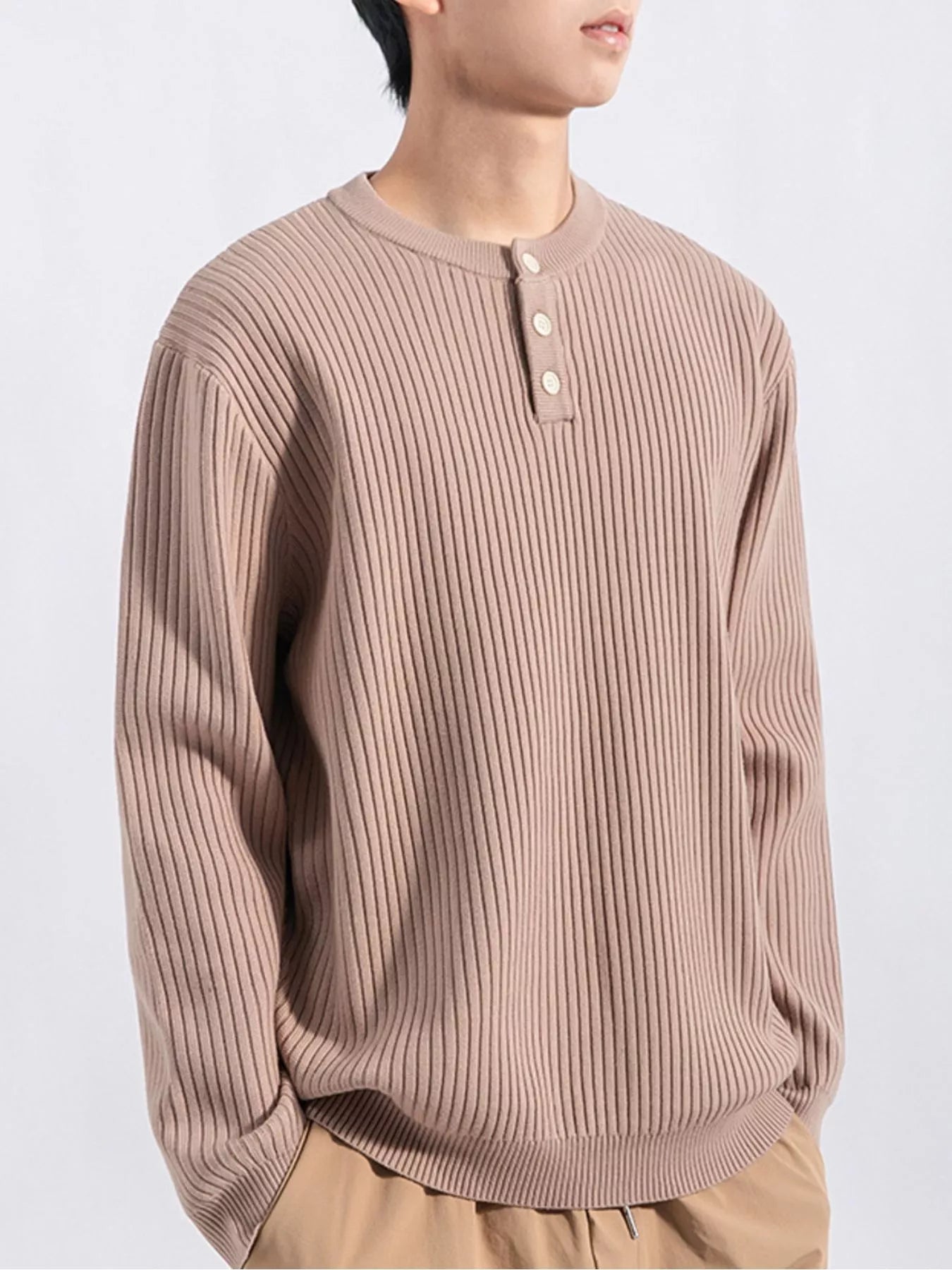 Men's Plus Size Ribbed Button Detail Knit Top