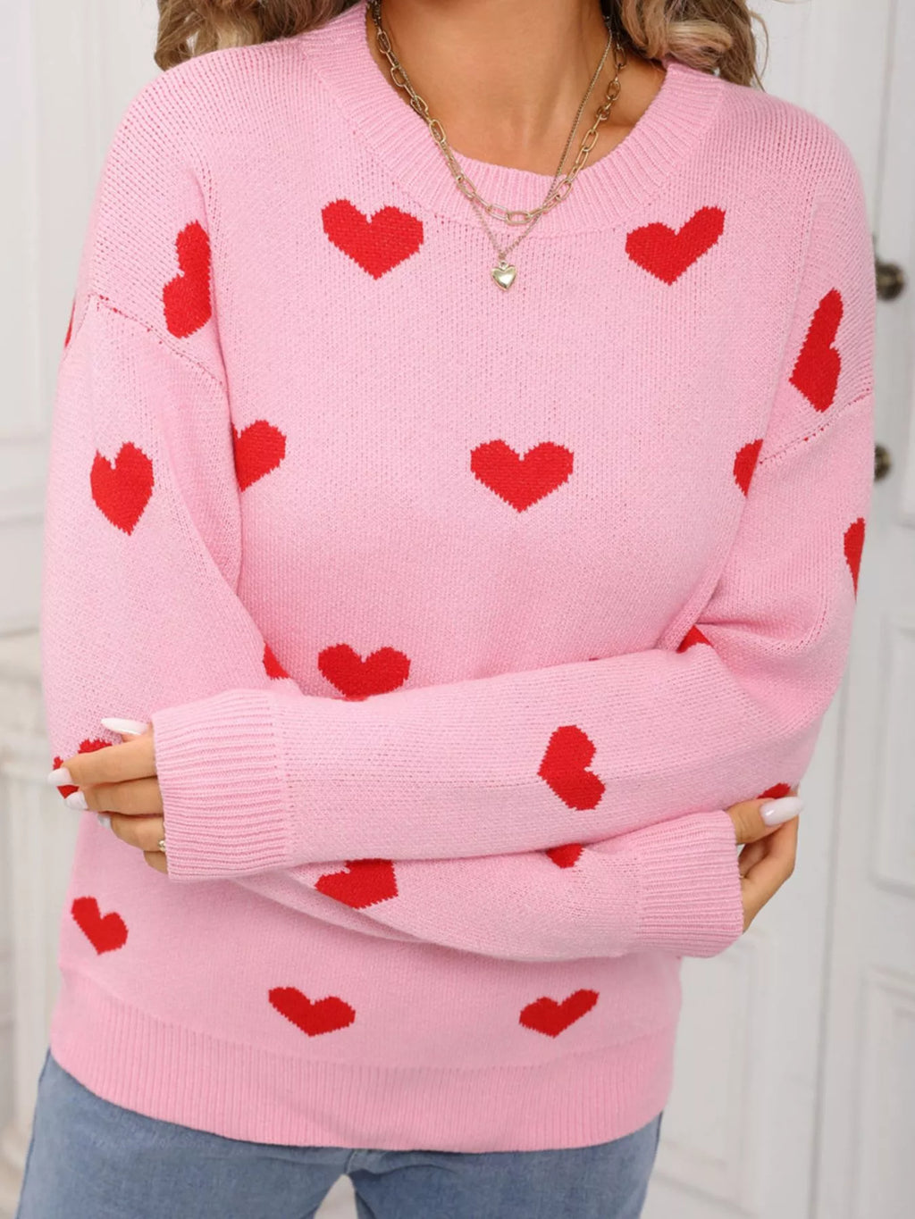 Valentine's Day Heart Pattern Dropped Shoulder Sweater