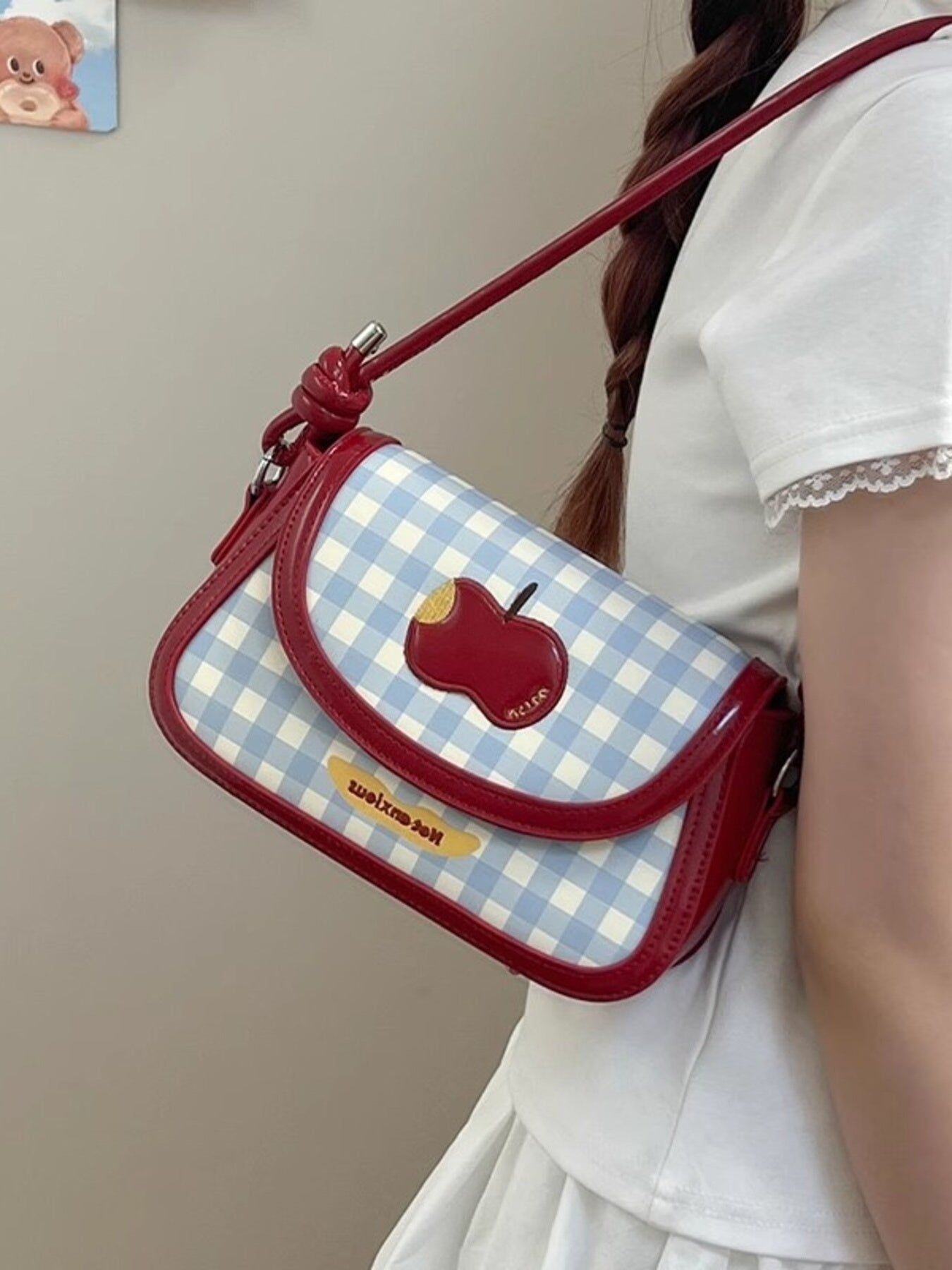 Apple Gingham Pattern Shoulder Bag