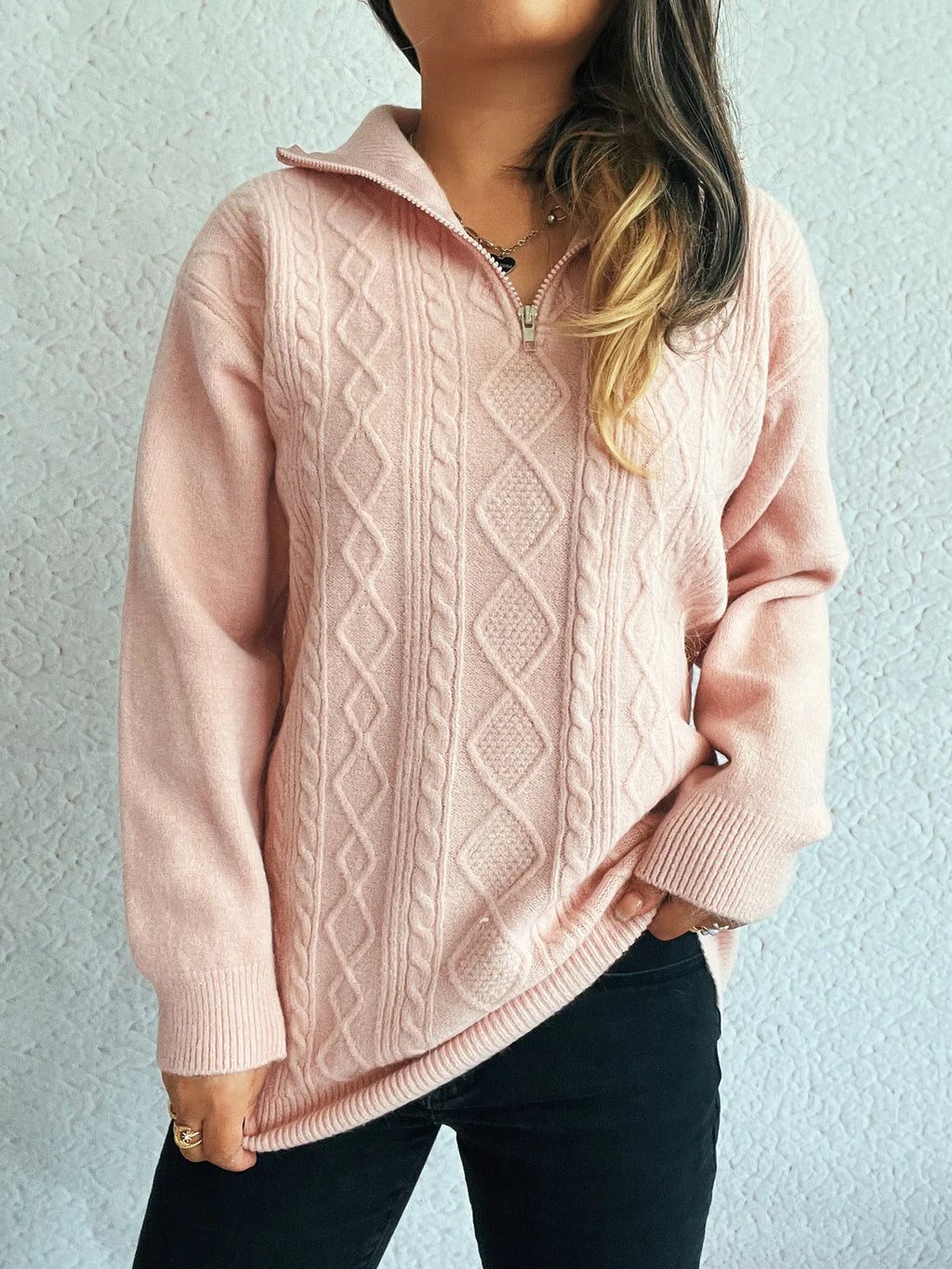 Texture Zip Collar Long Sleeve Sweater