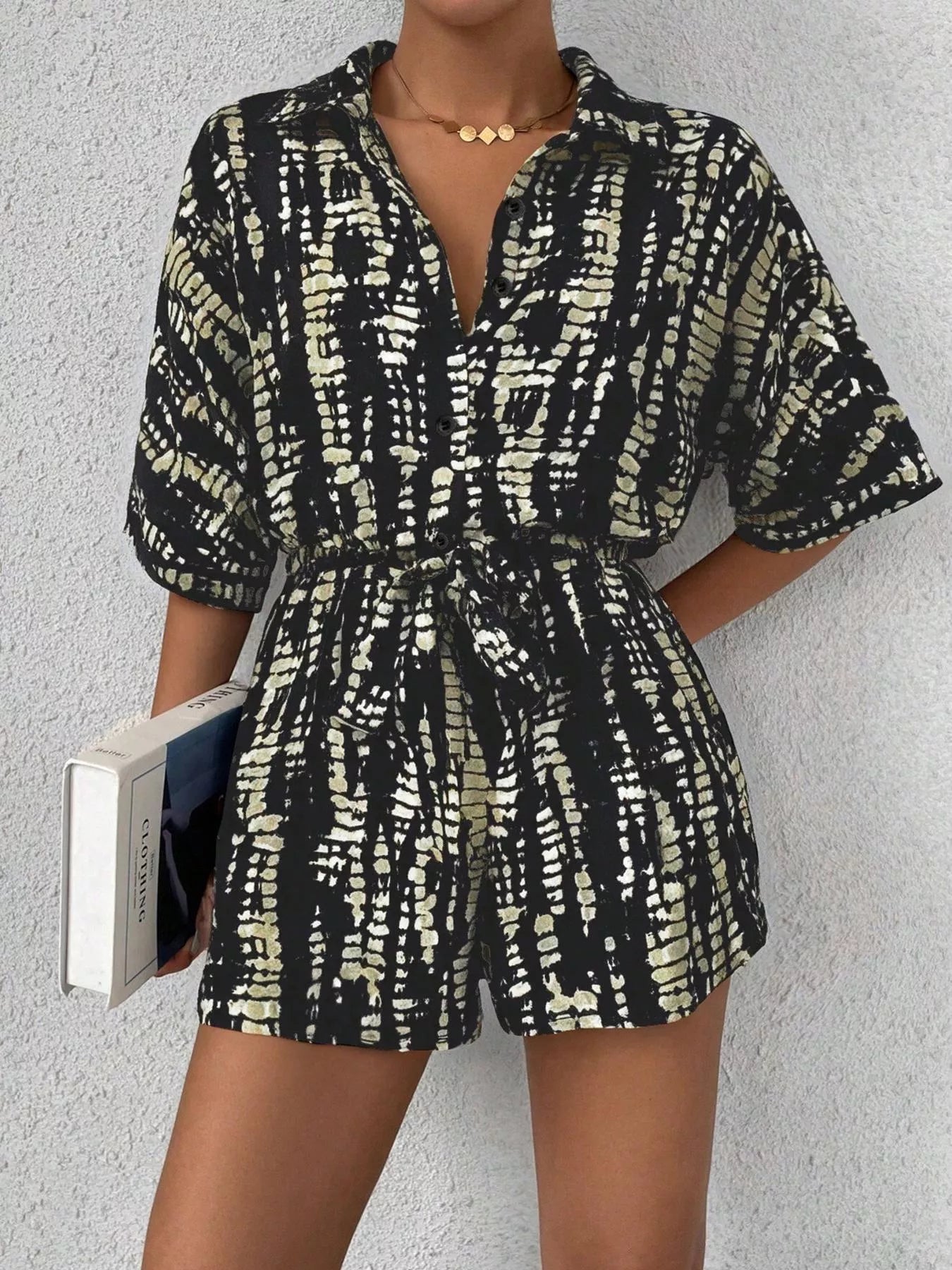 Striped Button-Up Belted Romper
