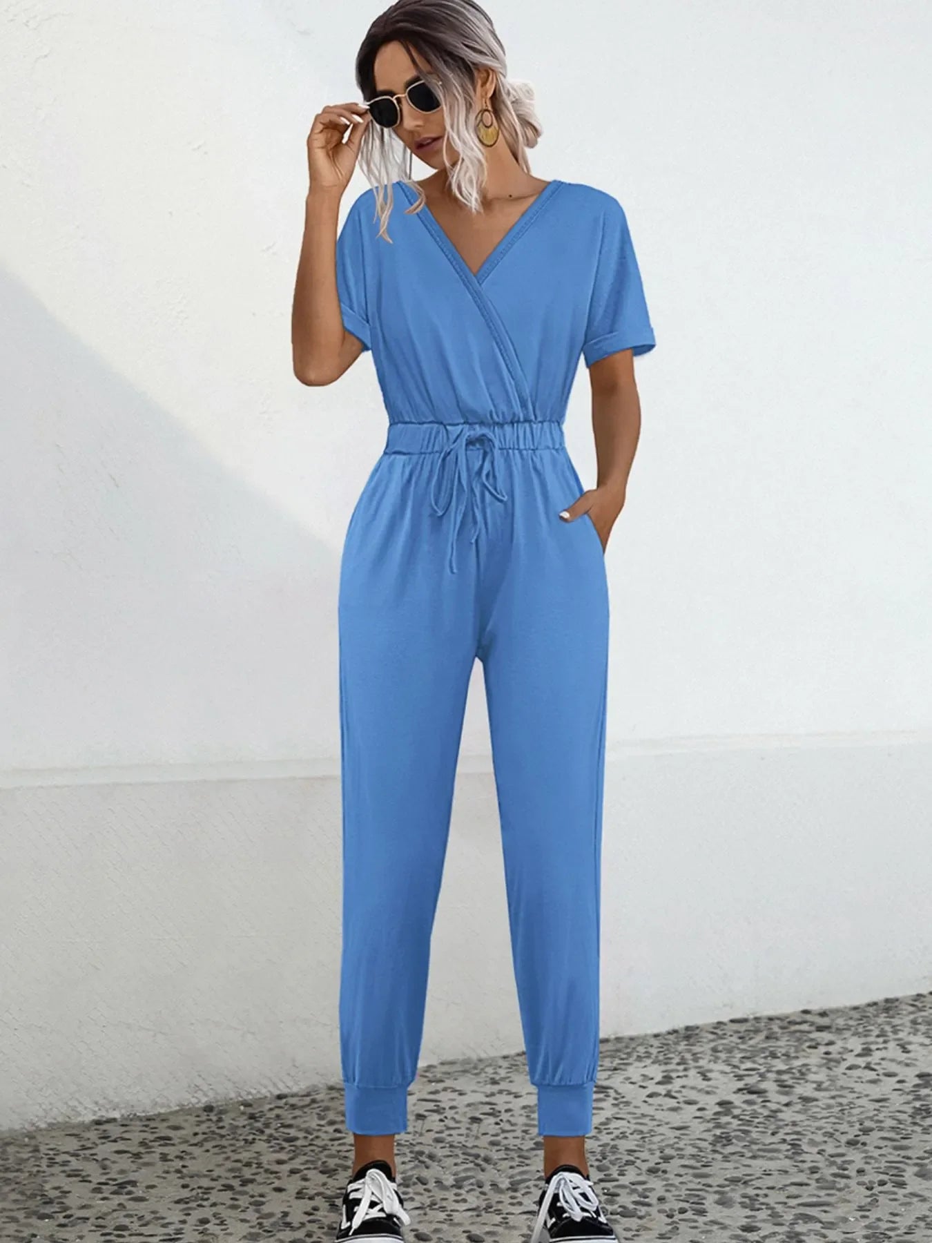 Drawstring Waist Short Sleeve Jumpsuit