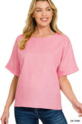 Zenana Linen Round Neck Cuffed Sleeve Top