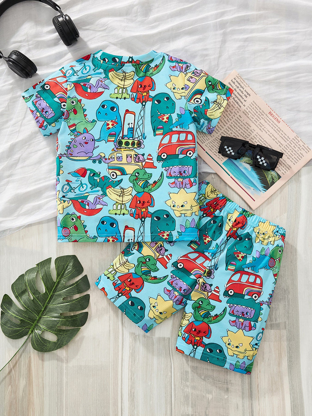 Children's Cartoon Dinosaur Print Tee and Shorts Set