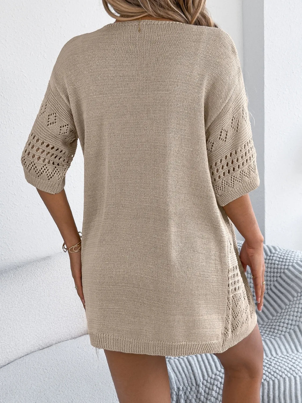 Openwork Open Front Half Sleeve Cardigan