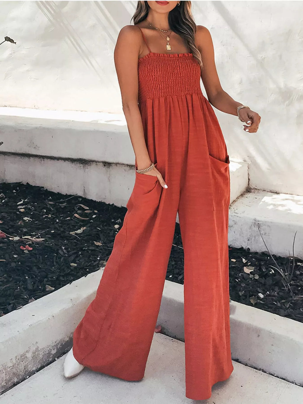 Smocked Wide Leg Jumpsuit