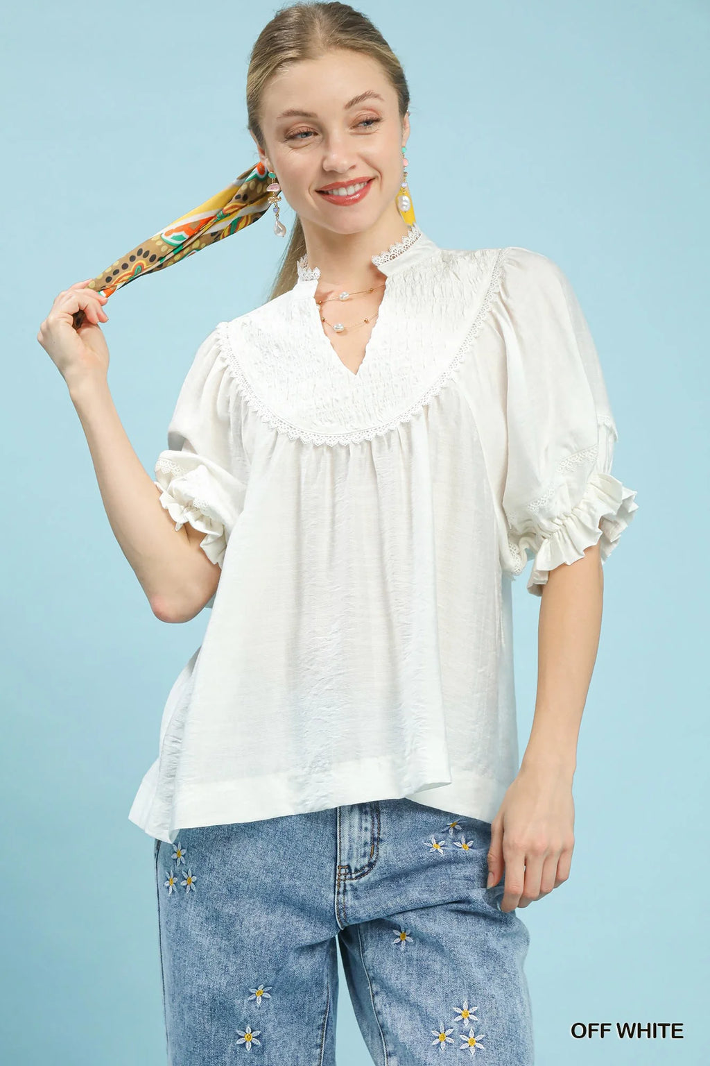 Umgee Smocked Yoke Blouse with Ruffle Sleeves