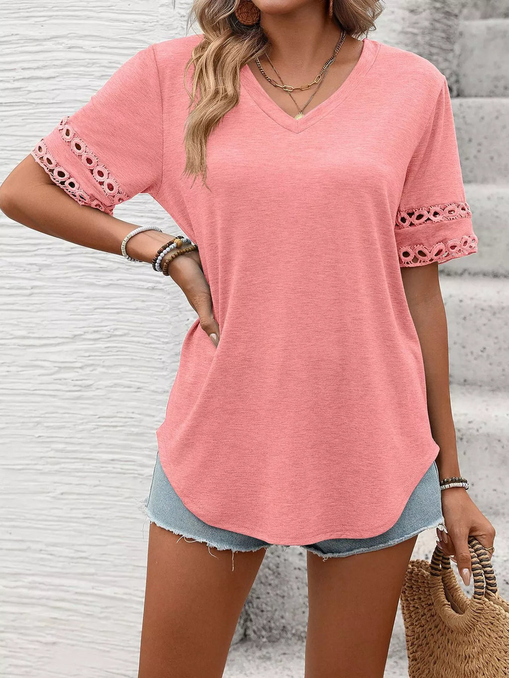 V-Neck Hollow-Out Sleeve T-Shirt