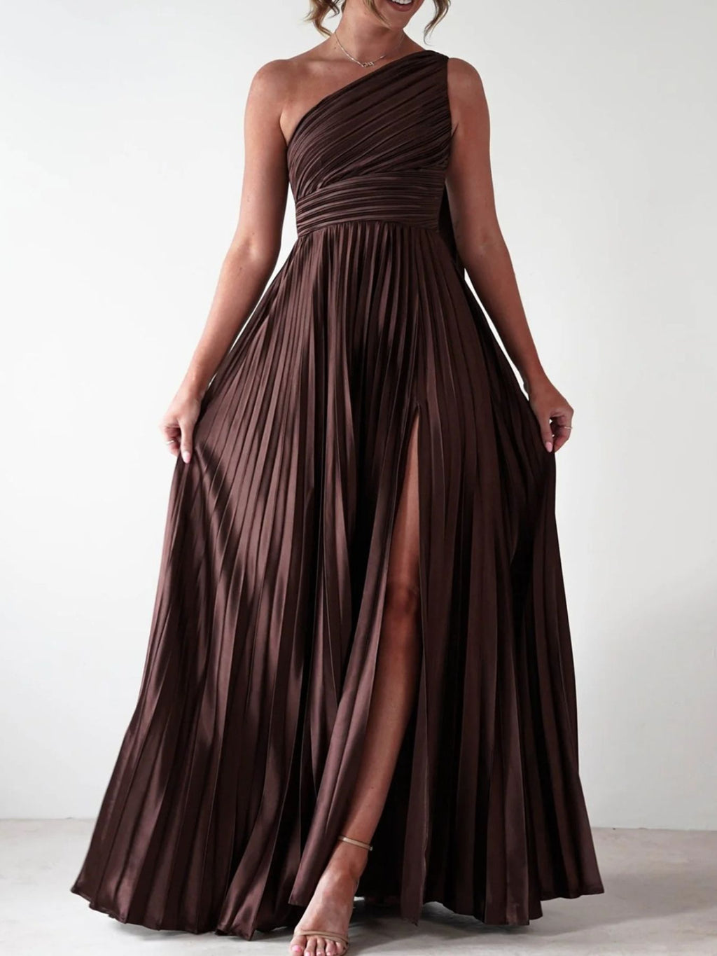 One-Shoulder Pleated Slit Maxi Dress
