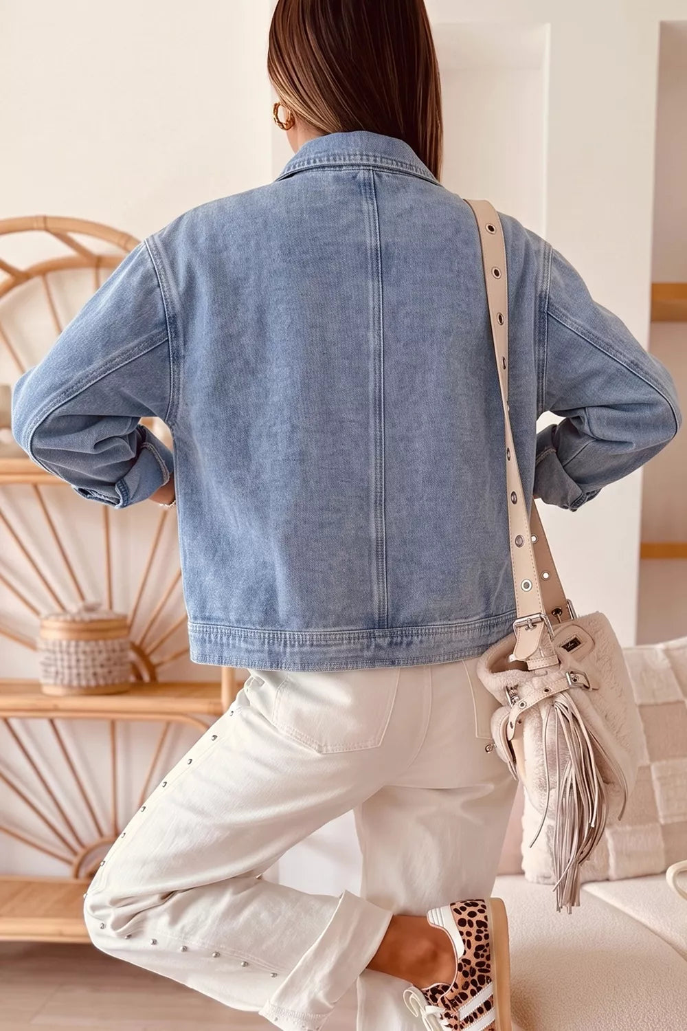 Studded Metal Zipper Rivet Pockets Long Sleeve Denim Jacket