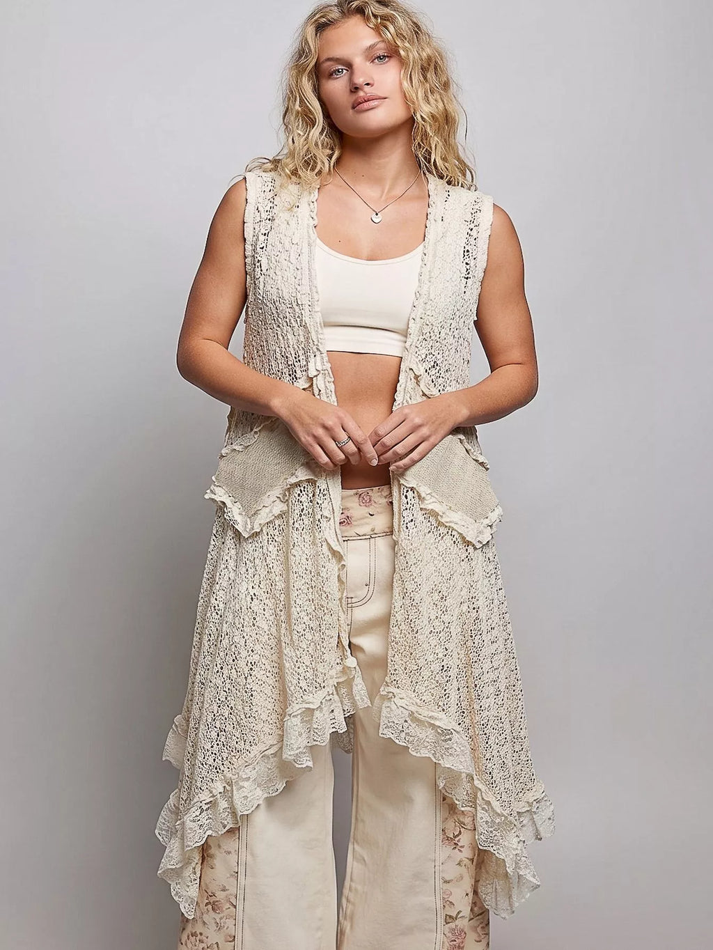 POL Vintage Wash Ruffled Crochet Vest Cardigan