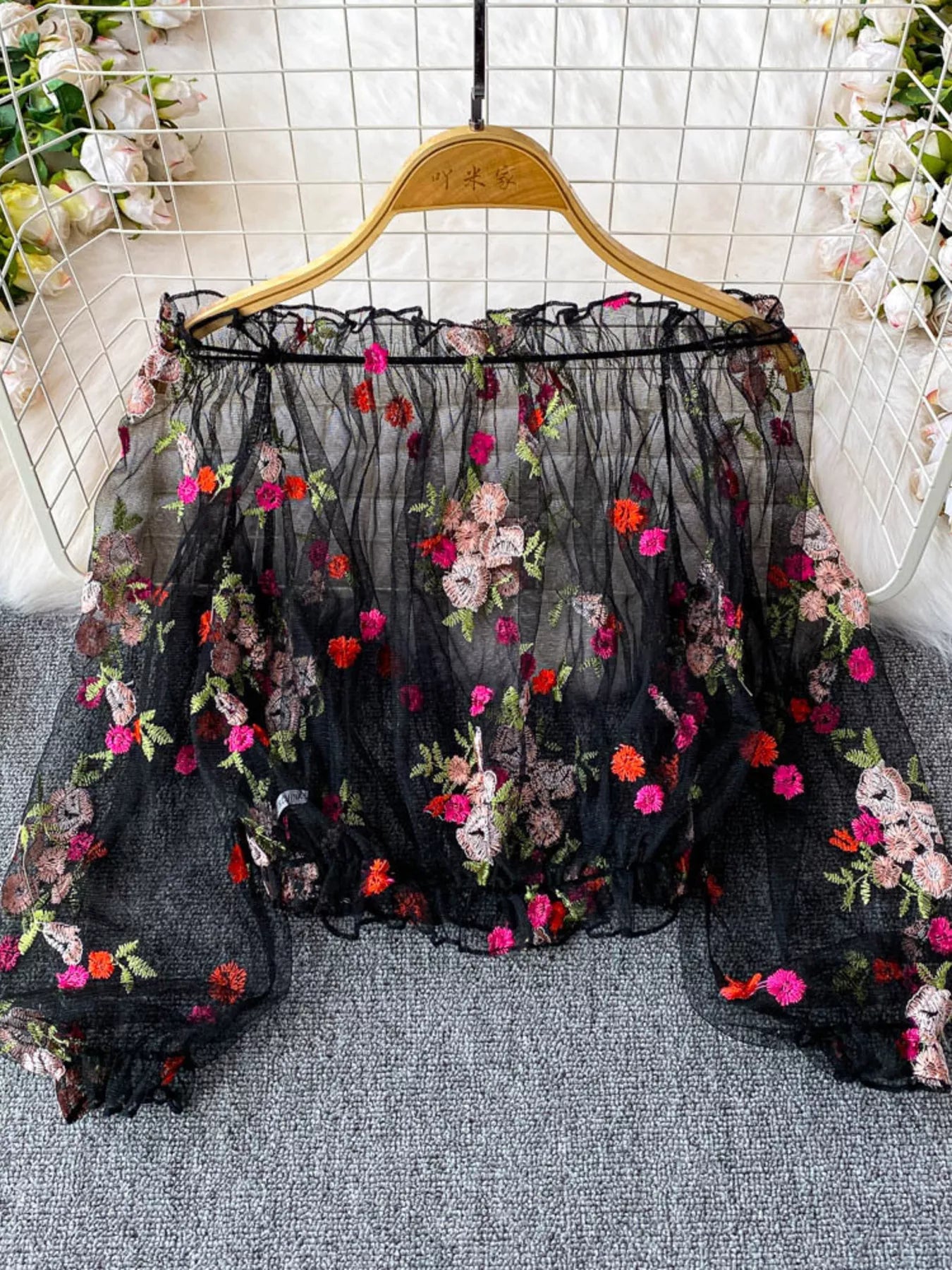 Floral Embroidered Mesh Off-Shoulder Top