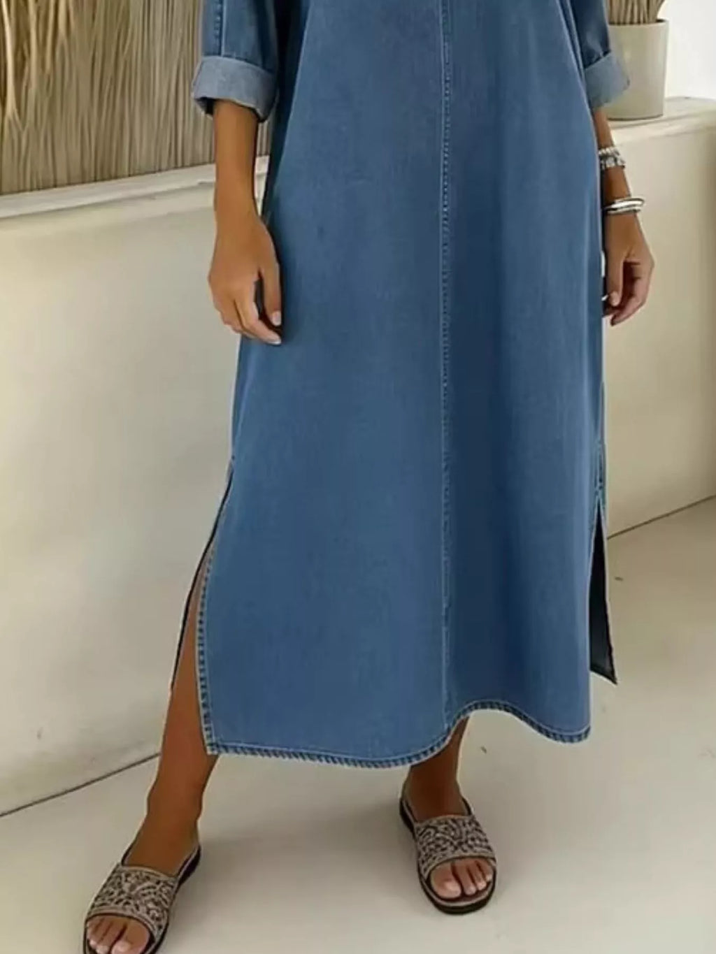 Side Slit V-Neck Midi Dress