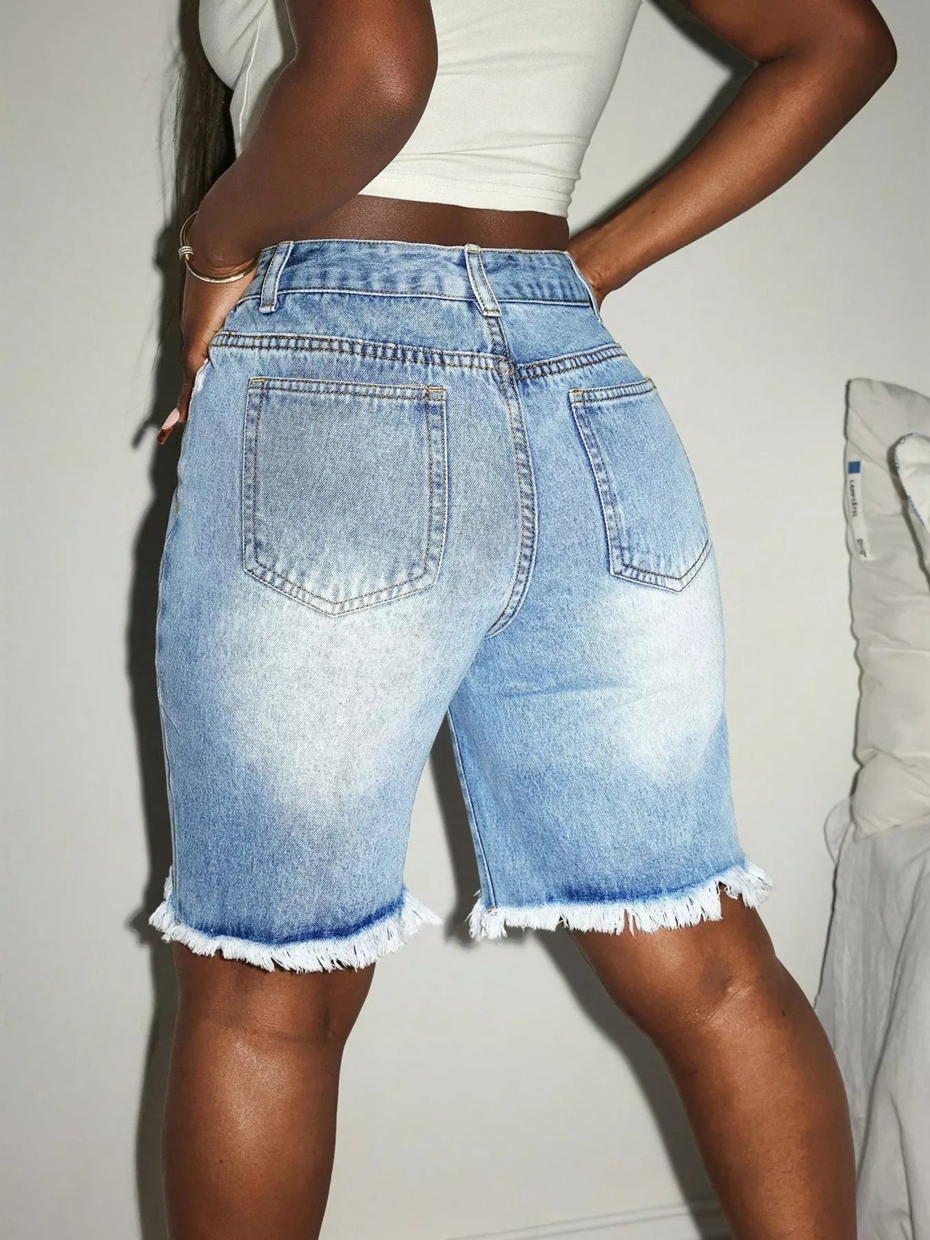 Distressed High Waist Frayed Hem Denim Shorts