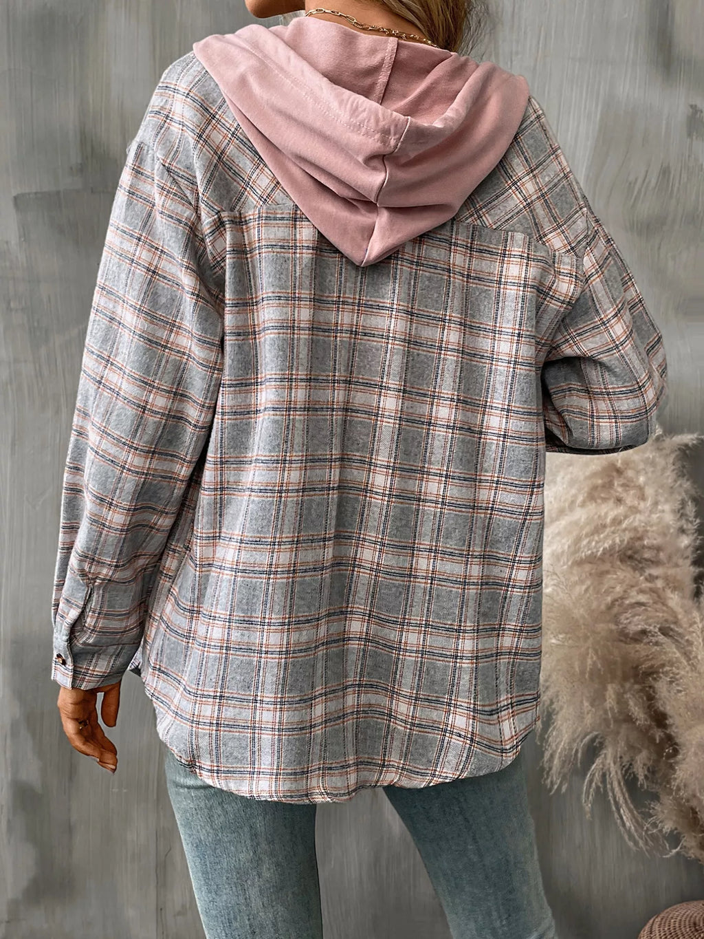 Plaid Button-Up Hooded Shirt with Chest Pocket