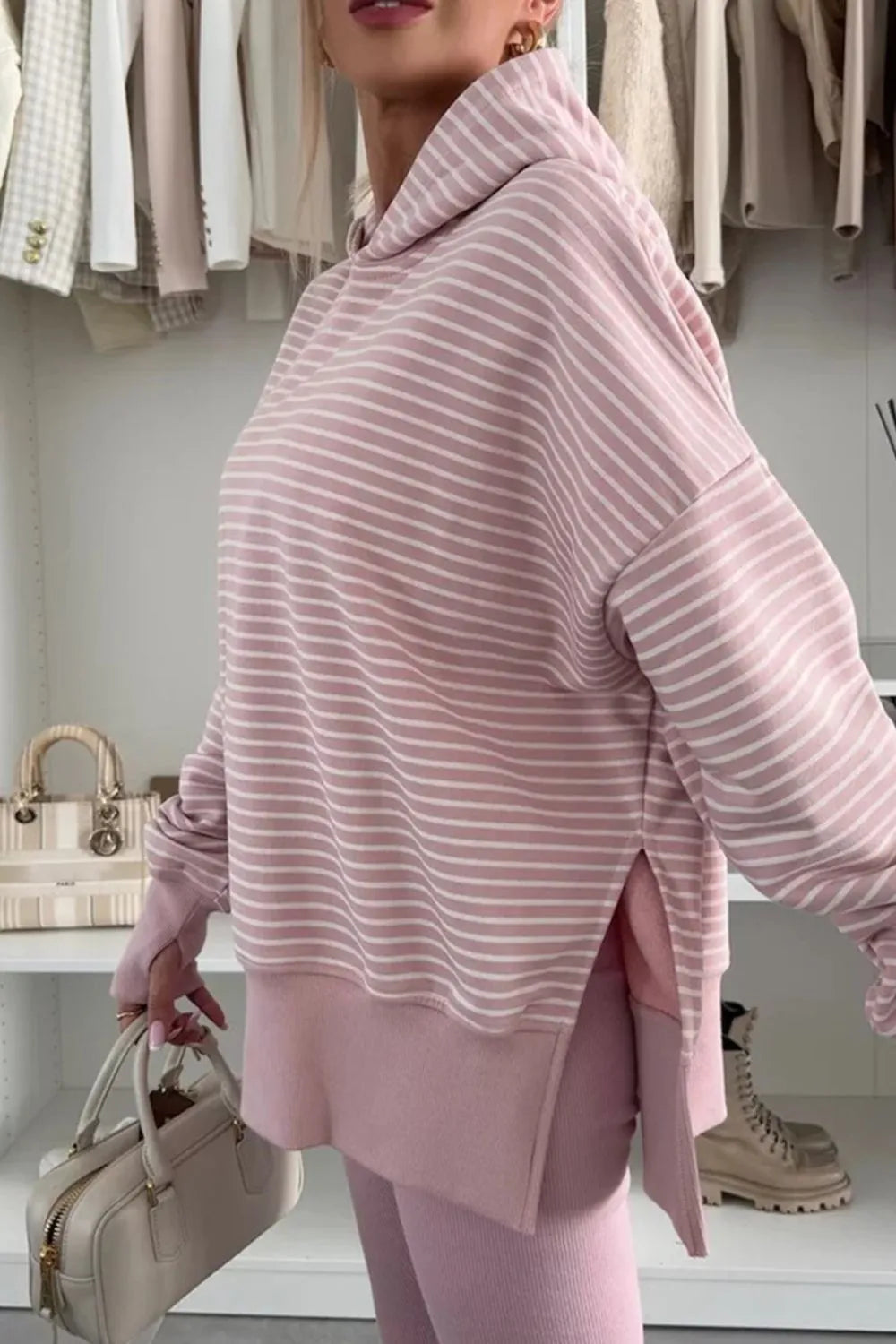 Side Slit Striped Oversized Hoodie