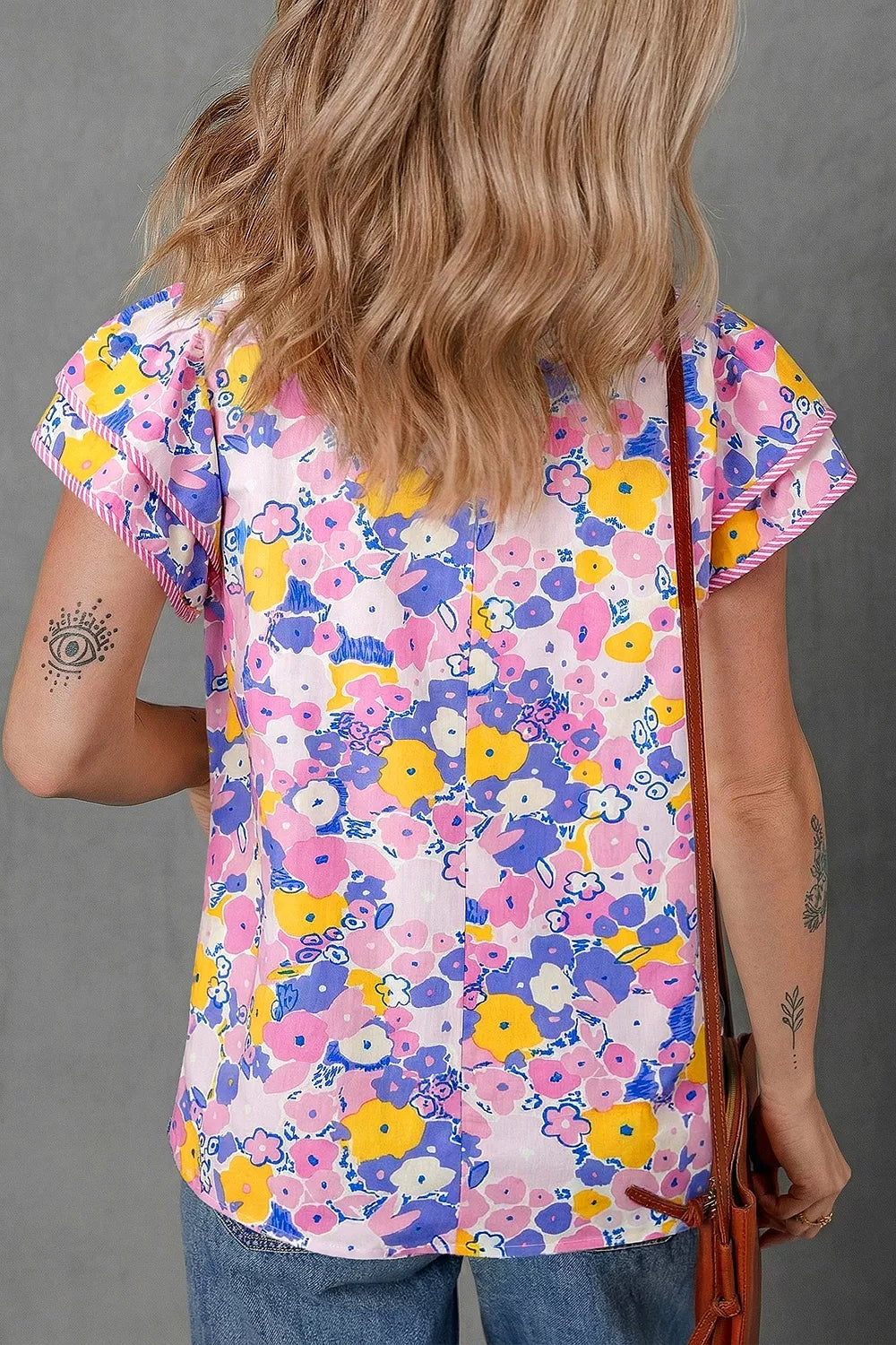 Floral Print Striped Color Block Patchwork V Neck Flutter Sleeve Blouse