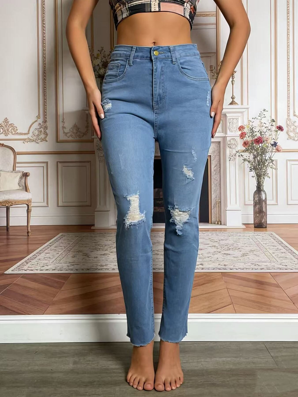 High-Waisted Distressed Jeans